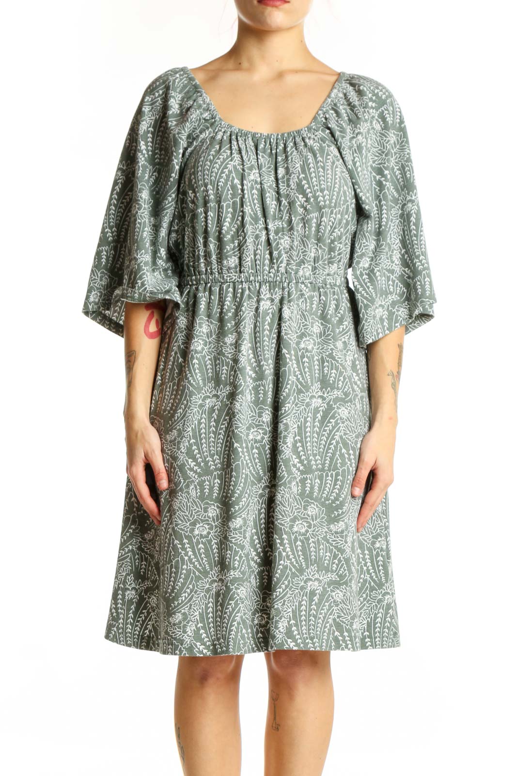 Green Paisley Print Midi Dress with Flutter Sleeves Front