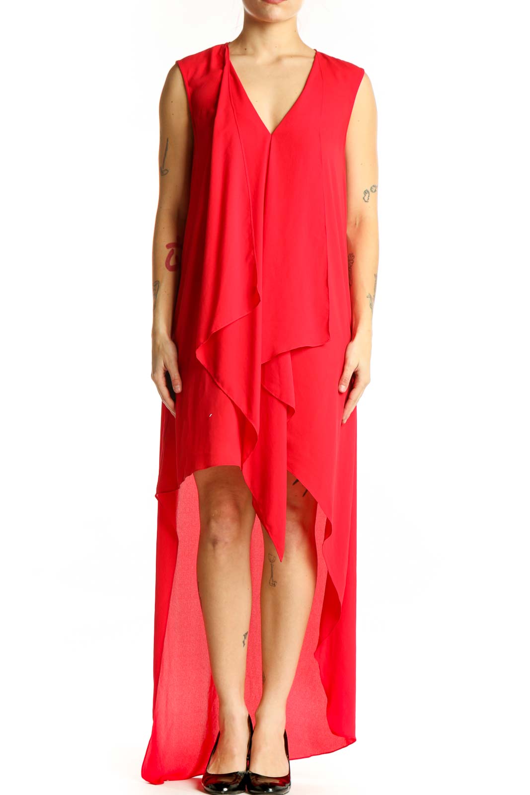 Red Asymmetrical Ruffle Sleeveless Dress Front