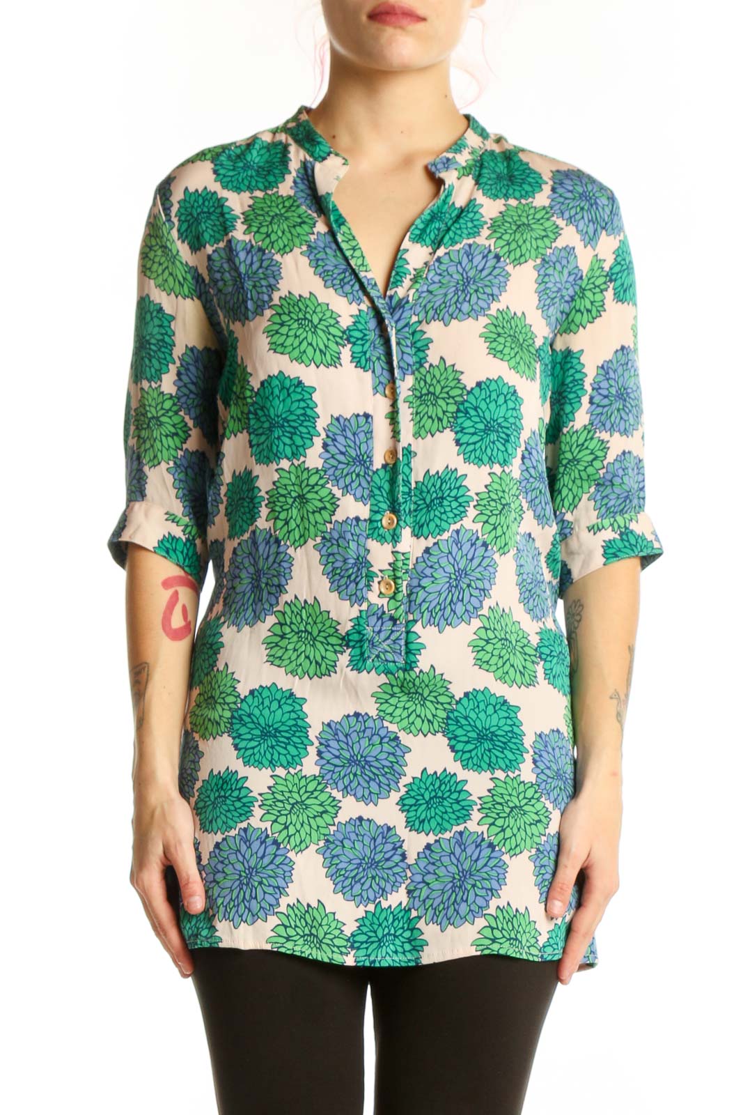 Green Floral Silk Button-Up Tunic Top Front