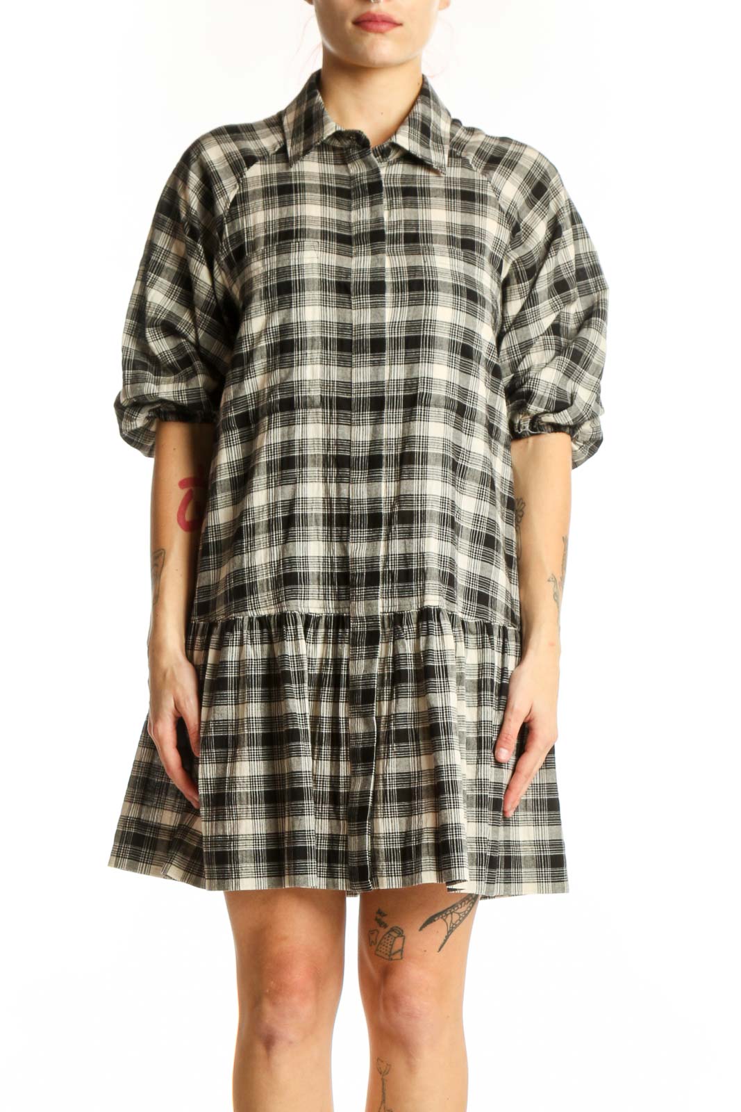Black Plaid Button-Down Shirt Dress Front