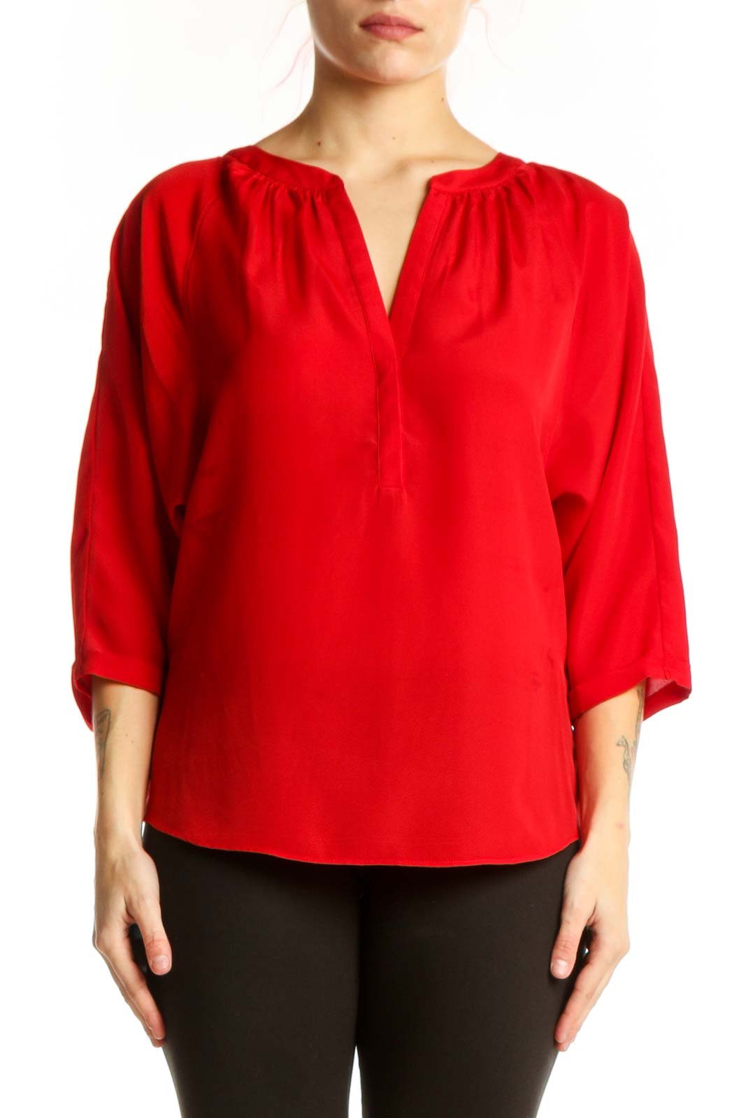 Red Polyester Henley Blouse Top Front