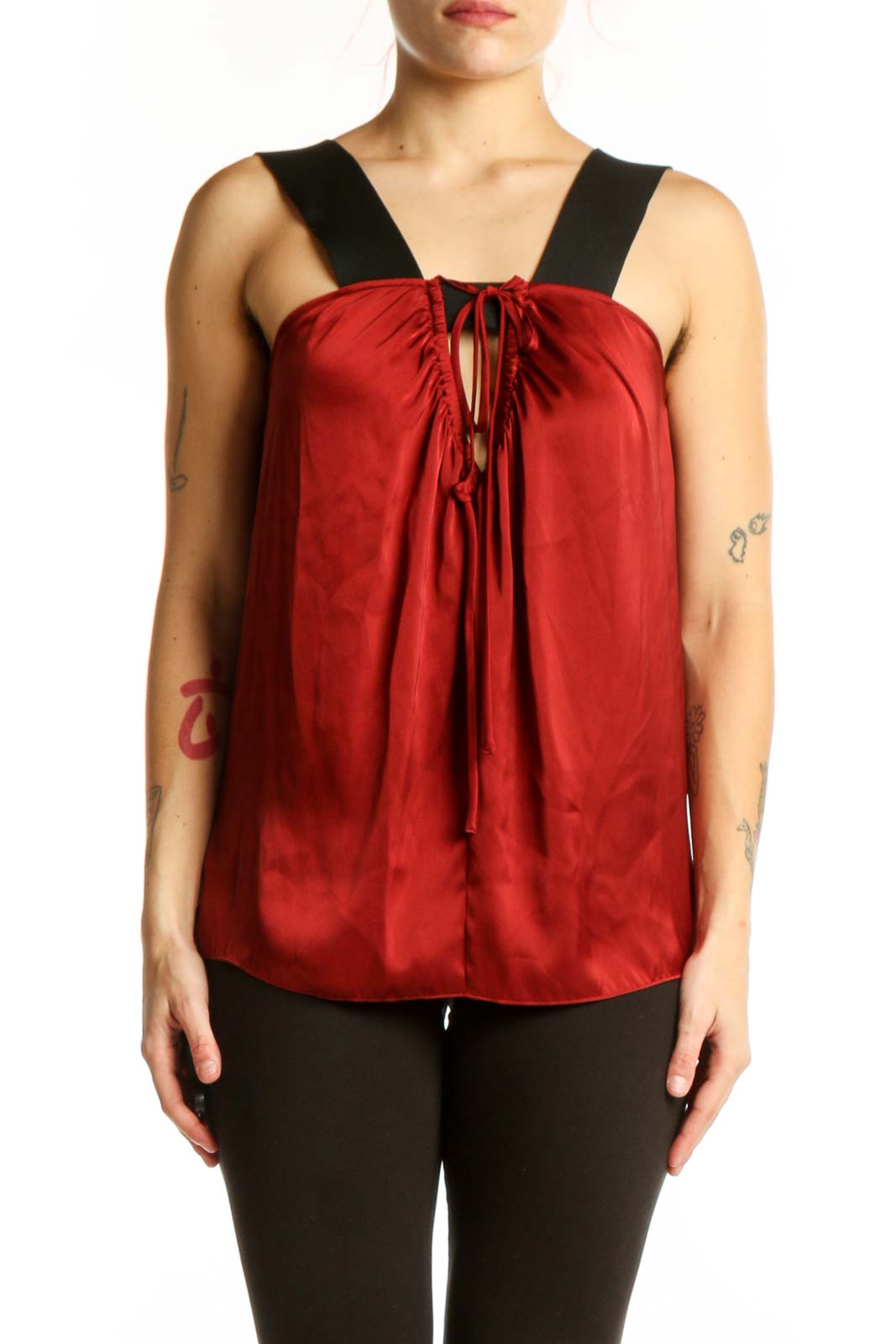 Red Sleeveless Top with Black Straps Front