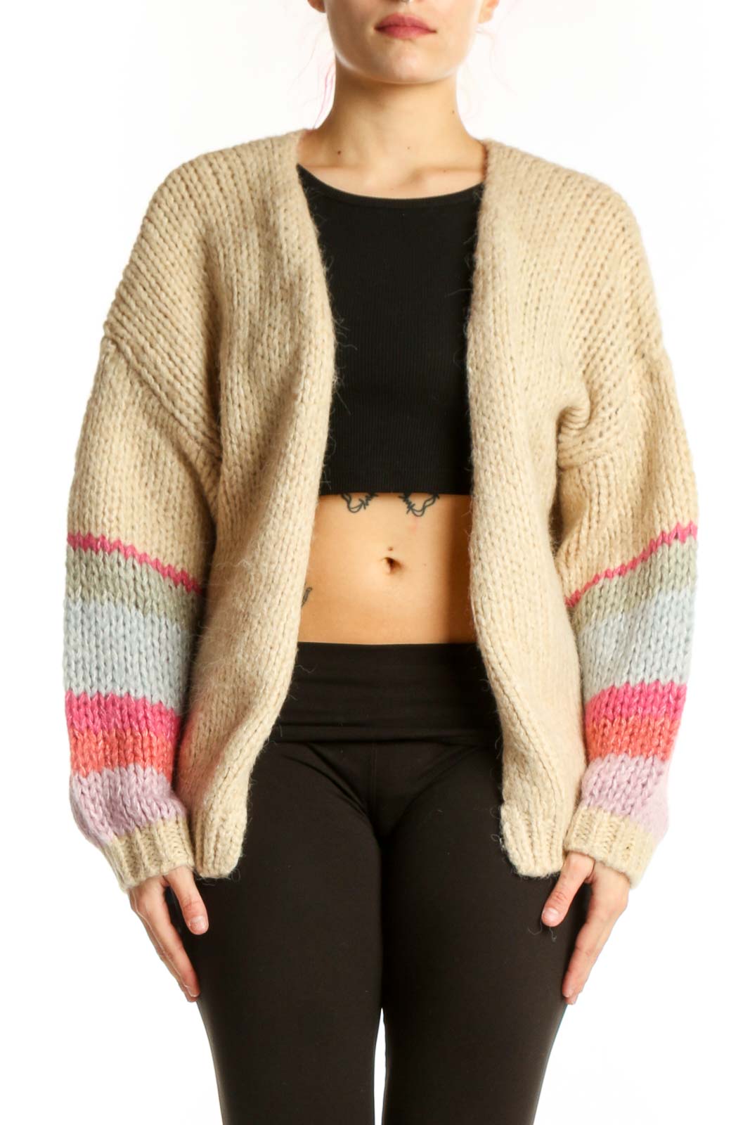 Cream Colorblock Knit Cardigan Sweater Front