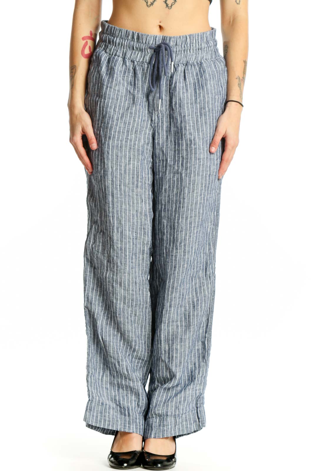 Gray Pinstriped Linen Wide-Leg Pants Front