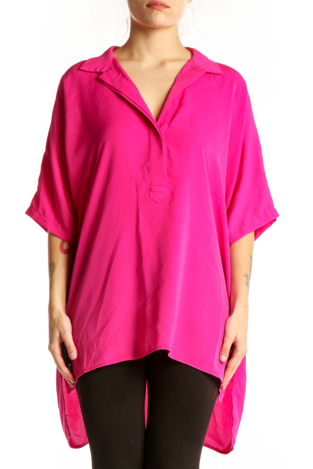 Pink Oversized Polyester Button-Up Shirt Front