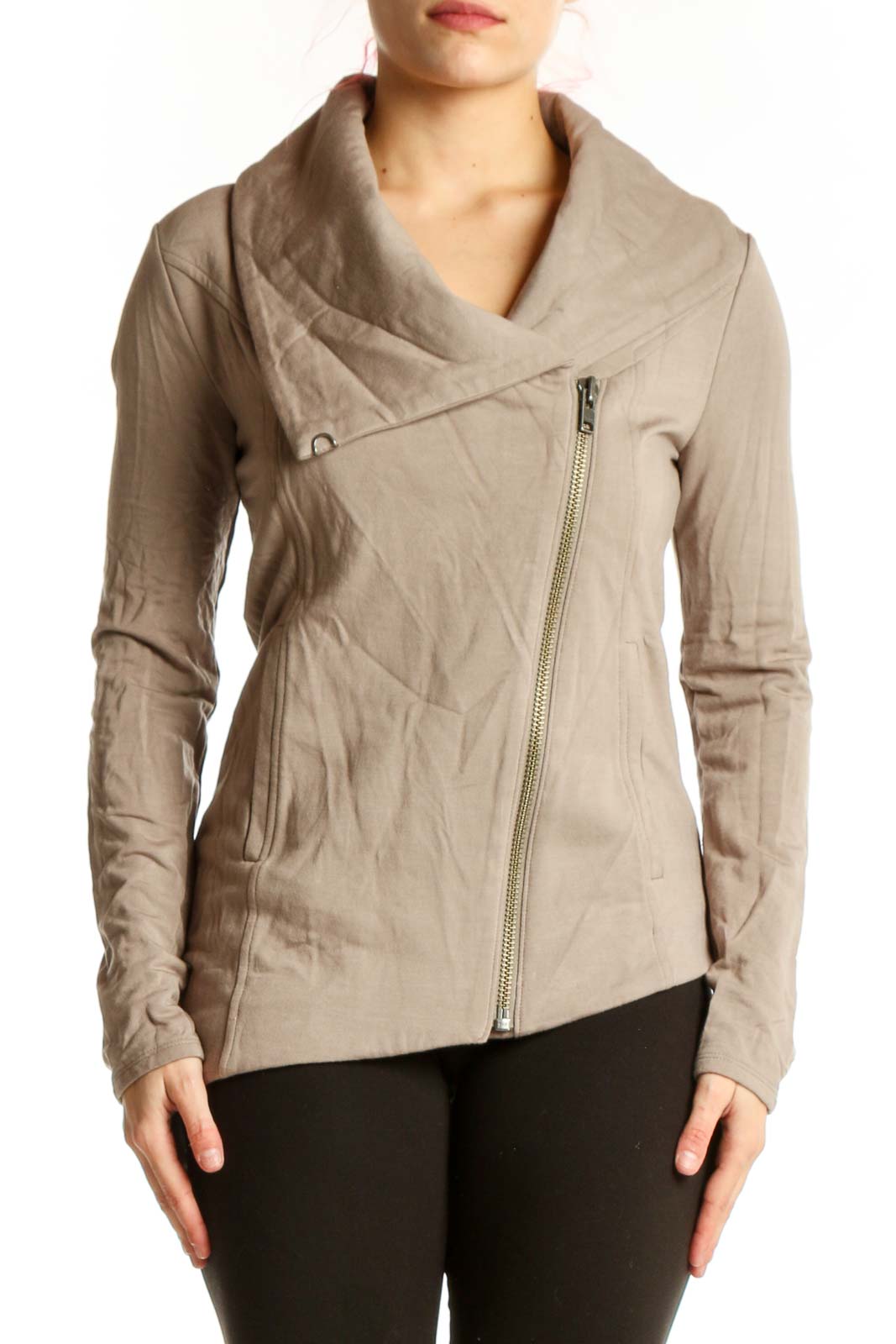 Beige Quilted Modal Asymmetrical Jacket Front