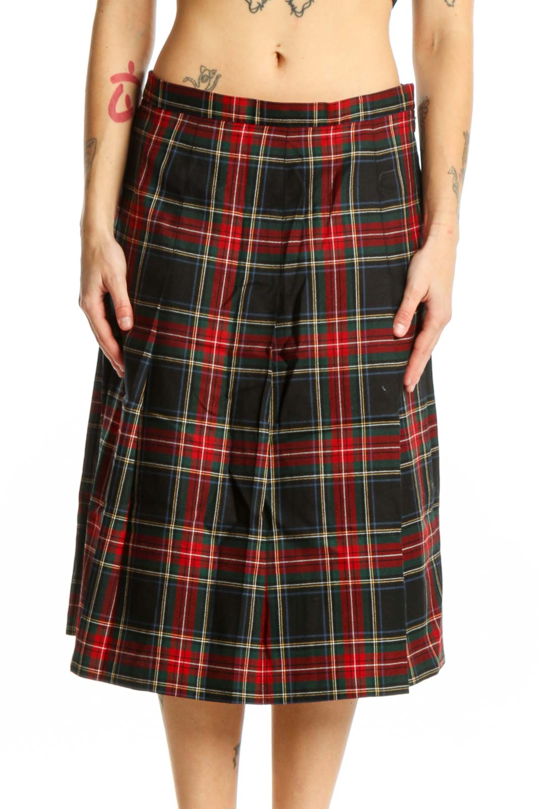 Red Tartan Plaid A-Line Wool Skirt Front