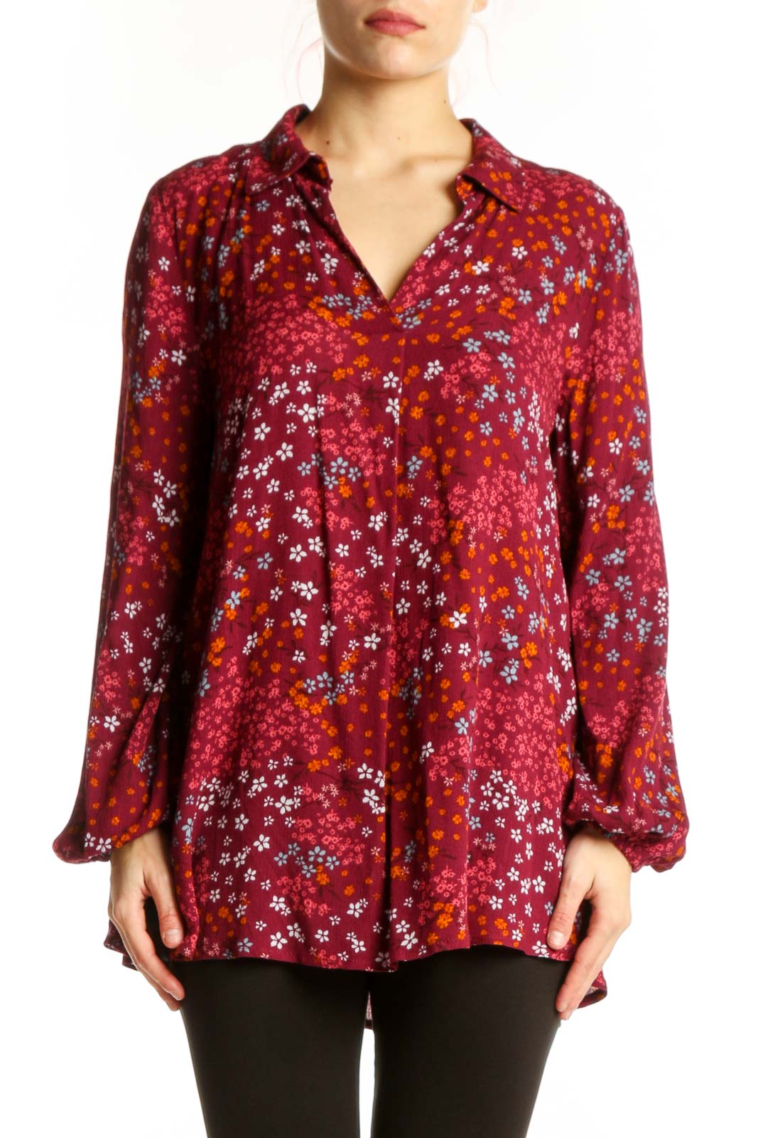 Burgundy Floral Rayon Button-Up Blouse Front