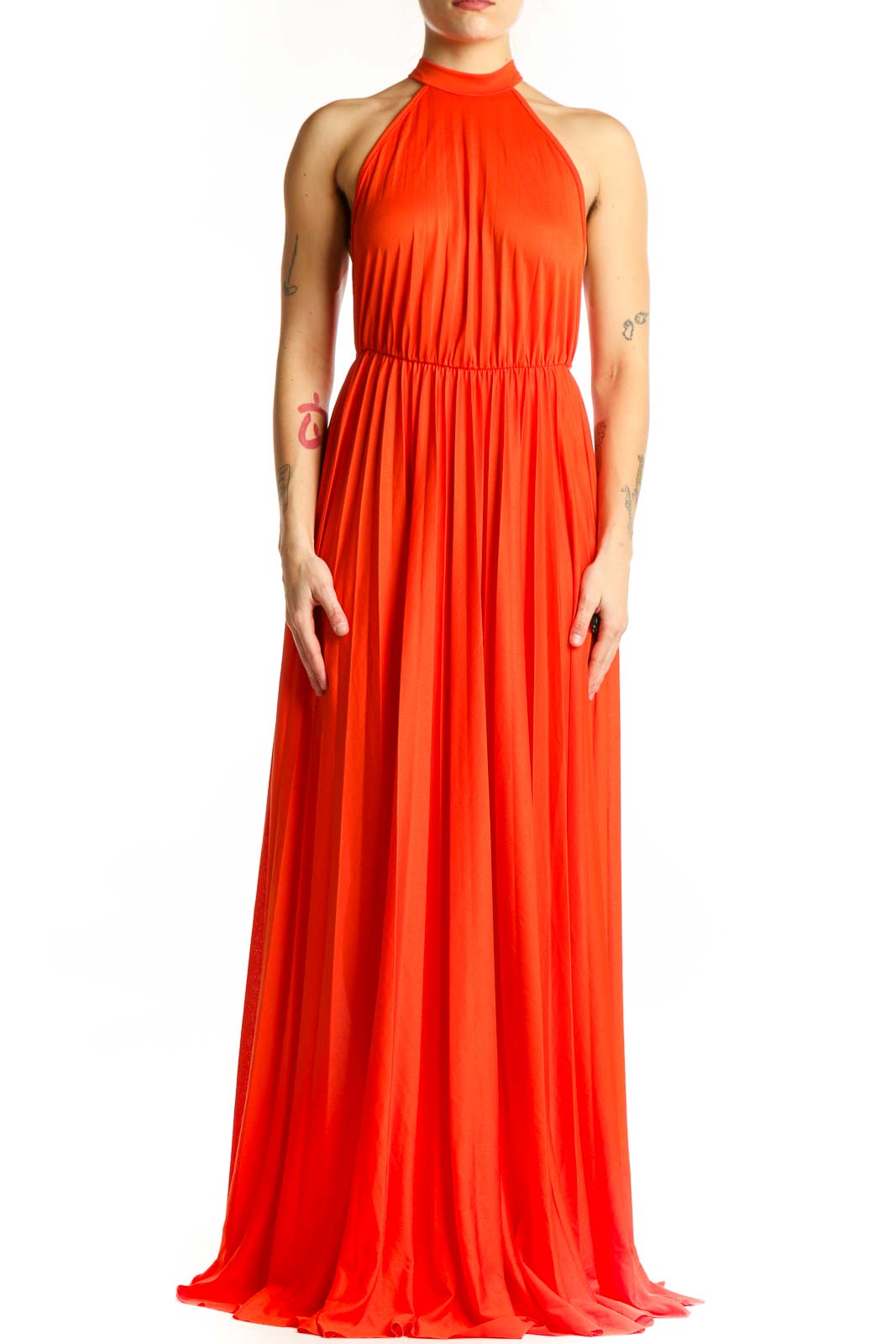 Red Halter Pleated Maxi Dress Front