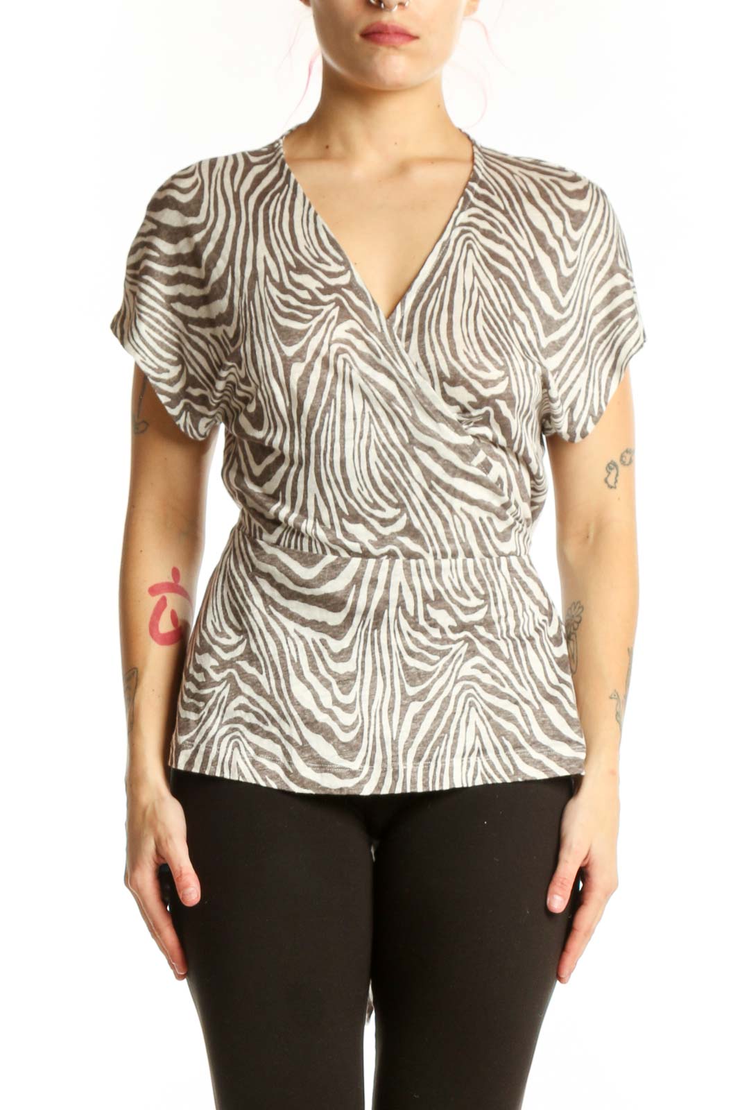 Cream Zebra Print Linen Wrap Top Front