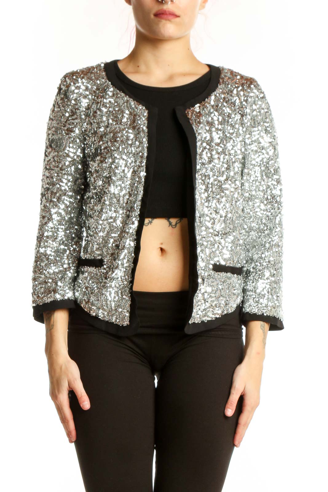 Silver Sequin Cropped Jacket with Black Trim Front