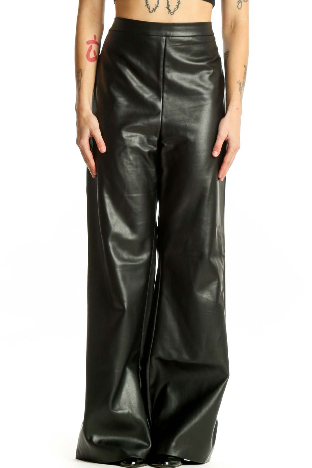 Black PU Leather Wide Leg Pants Front