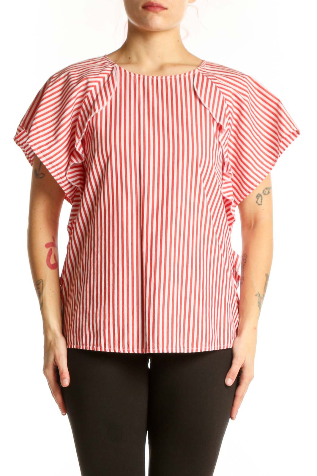 Red Striped Cotton Ruffle Sleeve Top Front