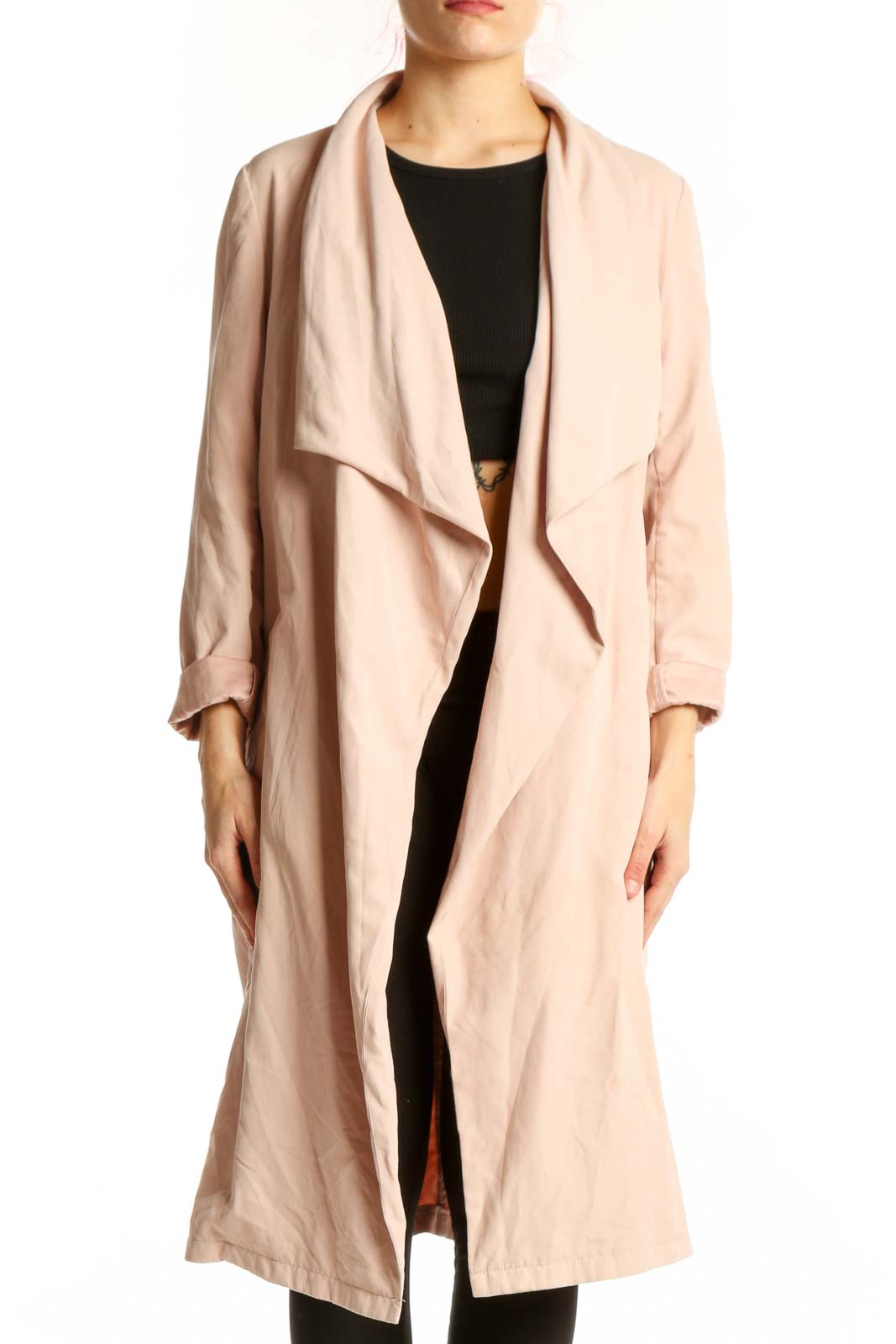 Cream Draped Long Cardigan Jacket Front