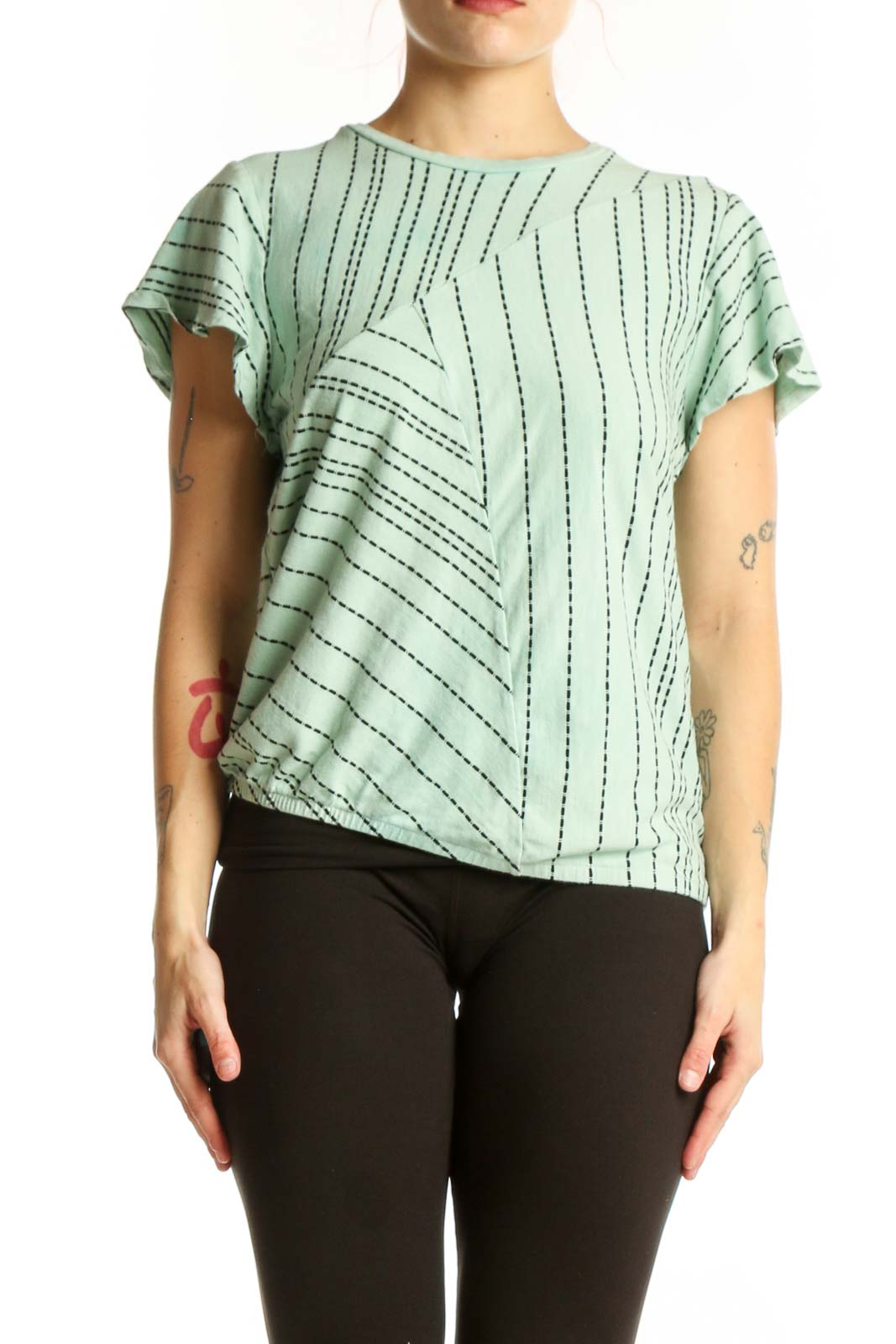 Green Geometric Print Short Sleeve Top Front