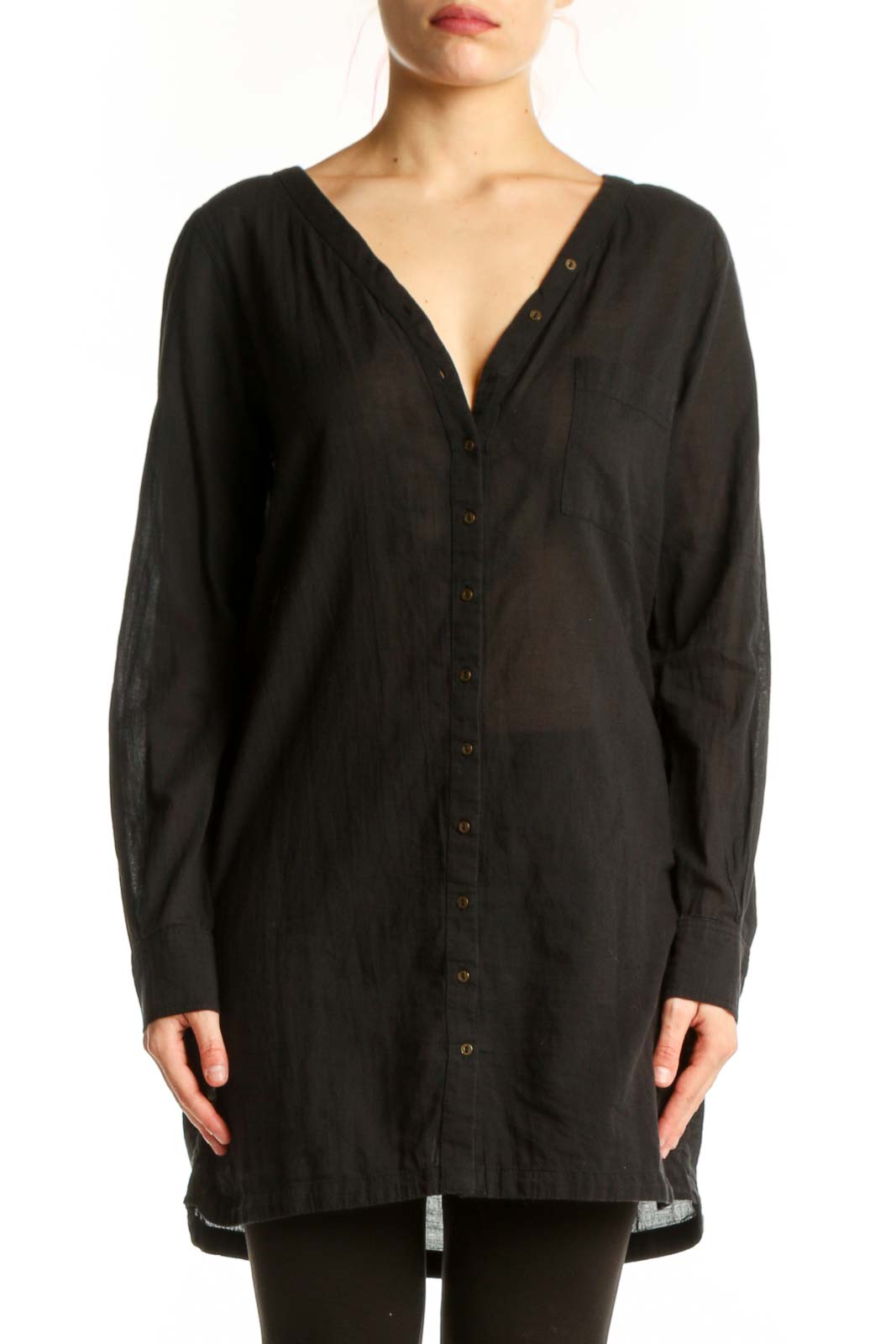 Black Cotton Button-Front Shirt Dress Front