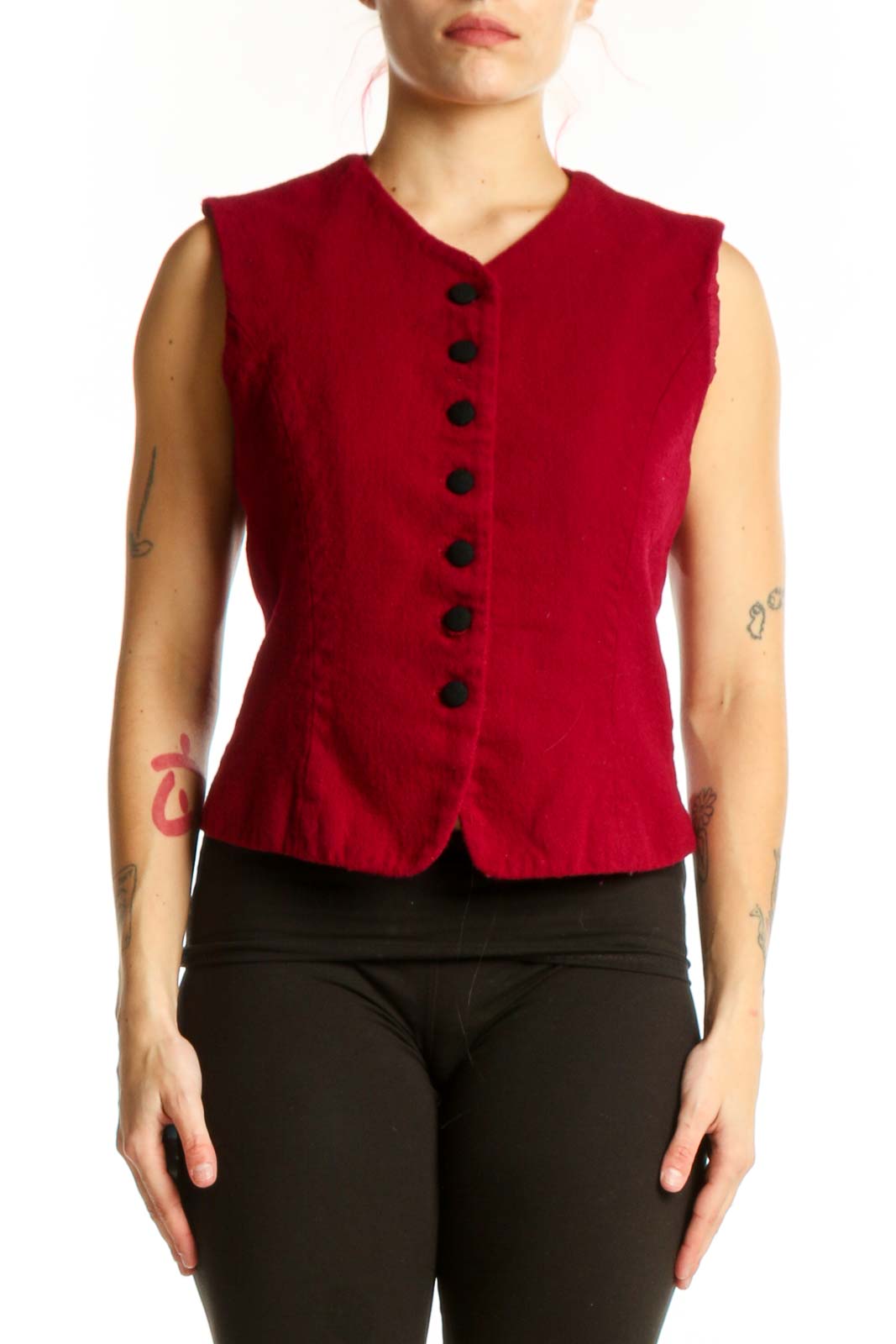 Red Wool Sleeveless Button Vest Front