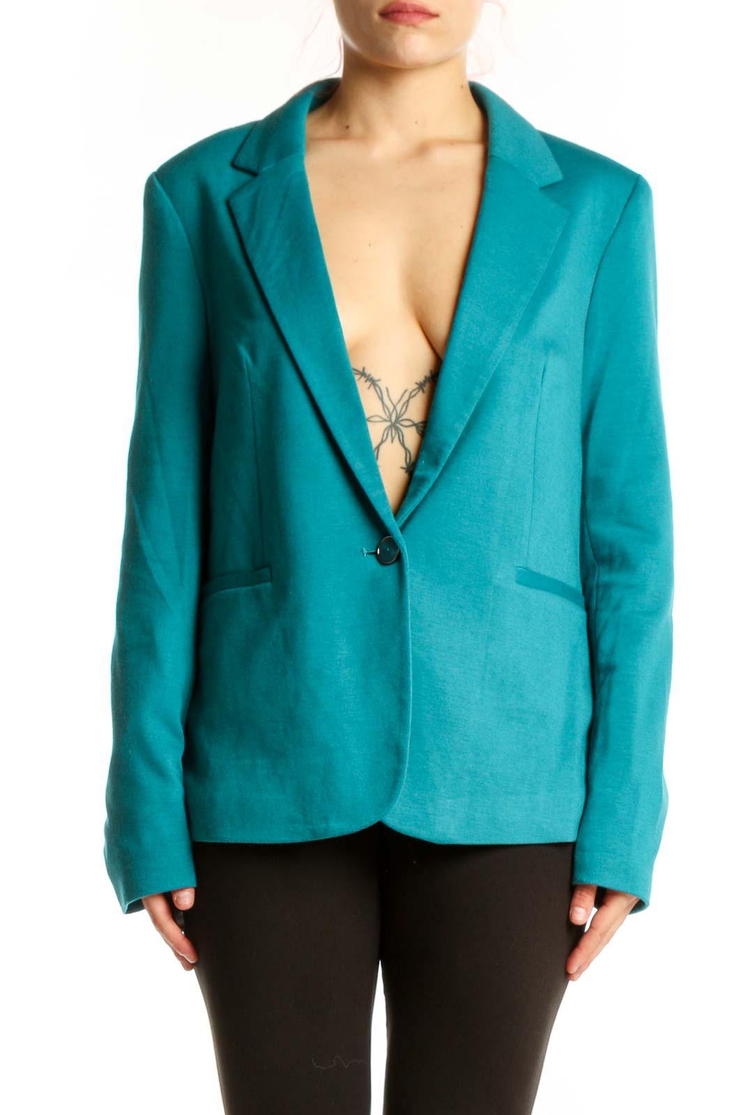 Teal Single Button Blazer Jacket Front