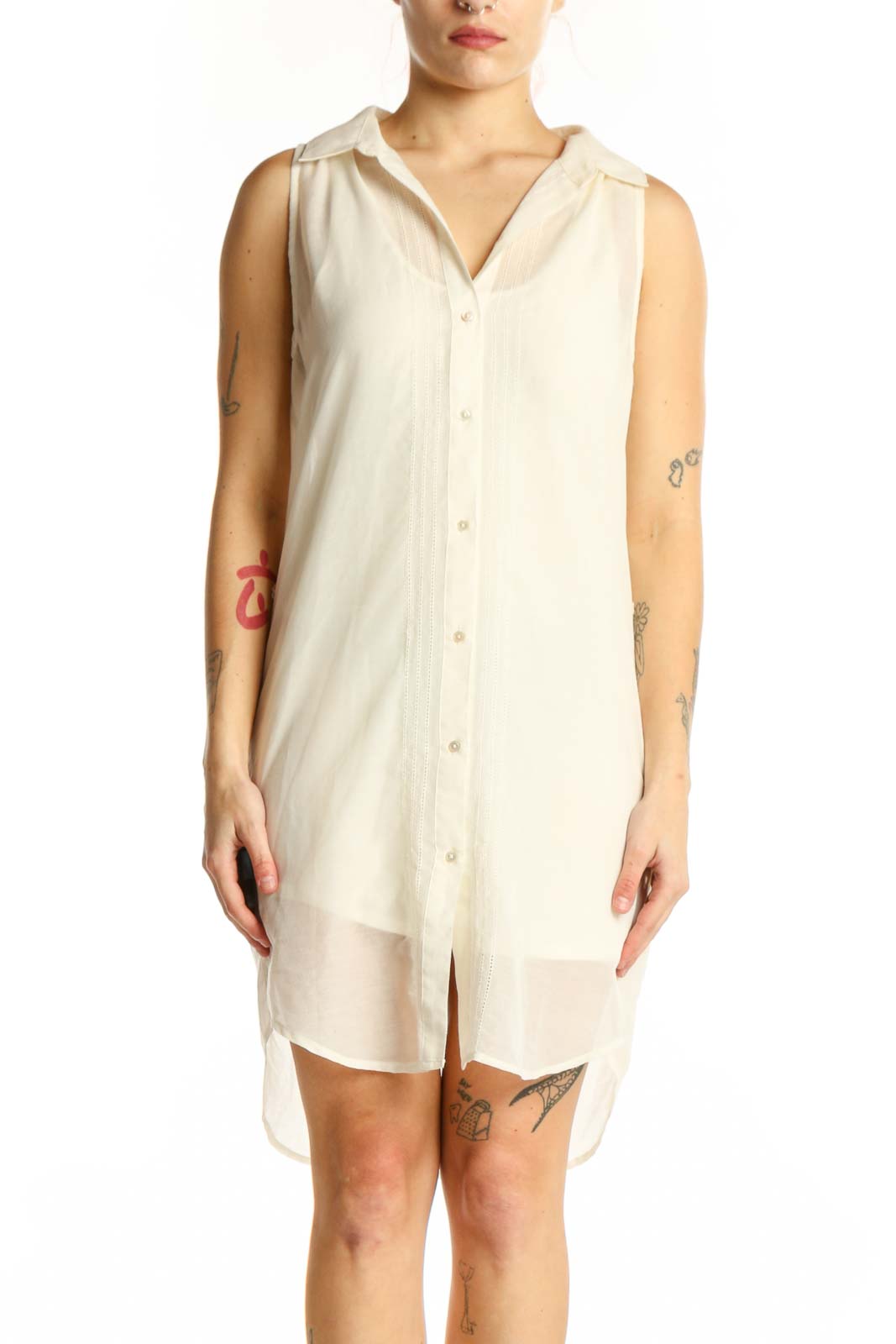 Cream Button-Front Modal Cotton Shirt Dress Front