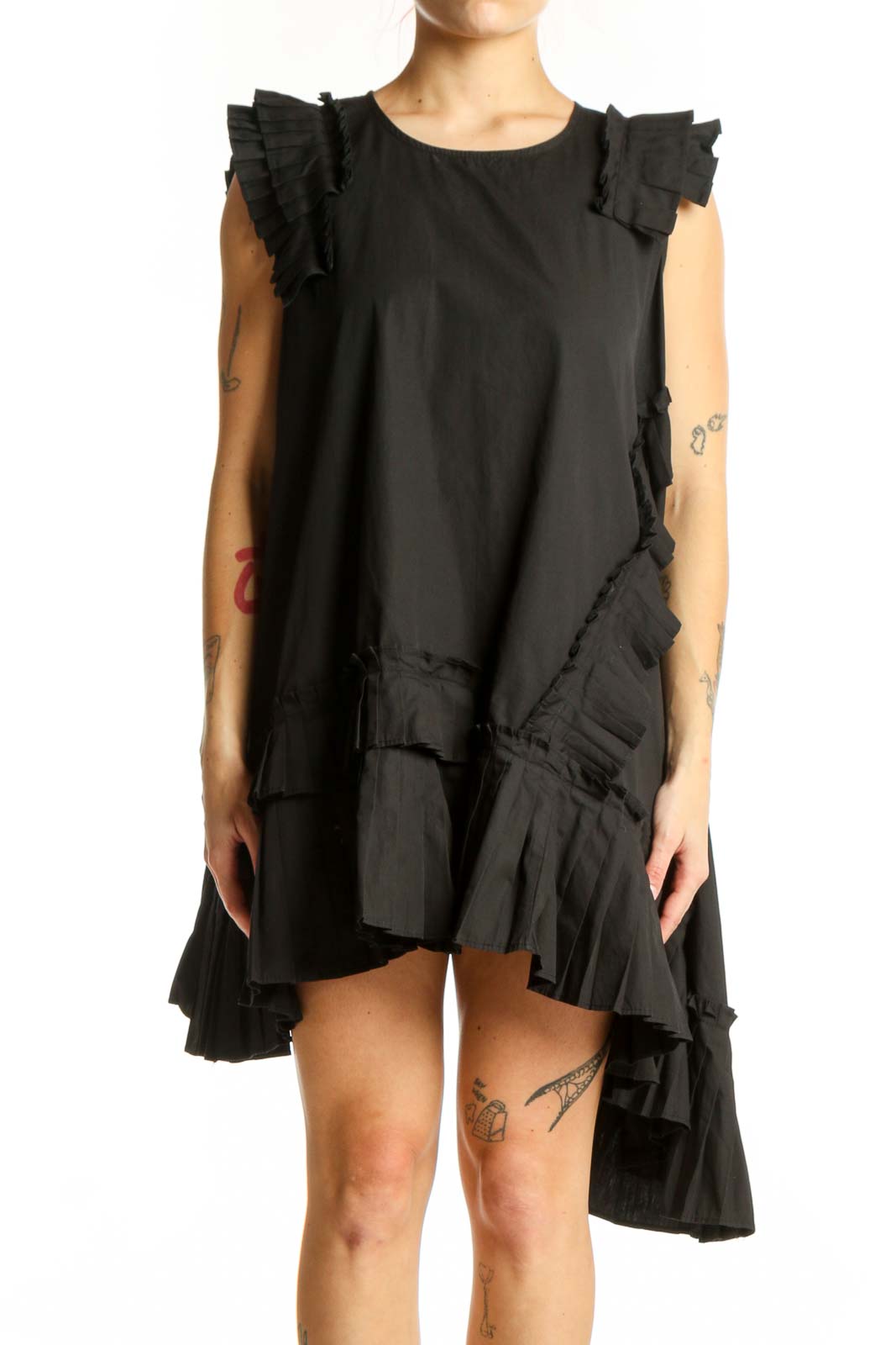 Black Ruffle Asymmetrical A-Line Dress Front
