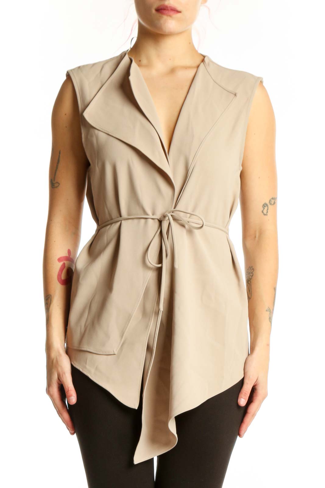 Beige Sleeveless Wrap Vest Top Front