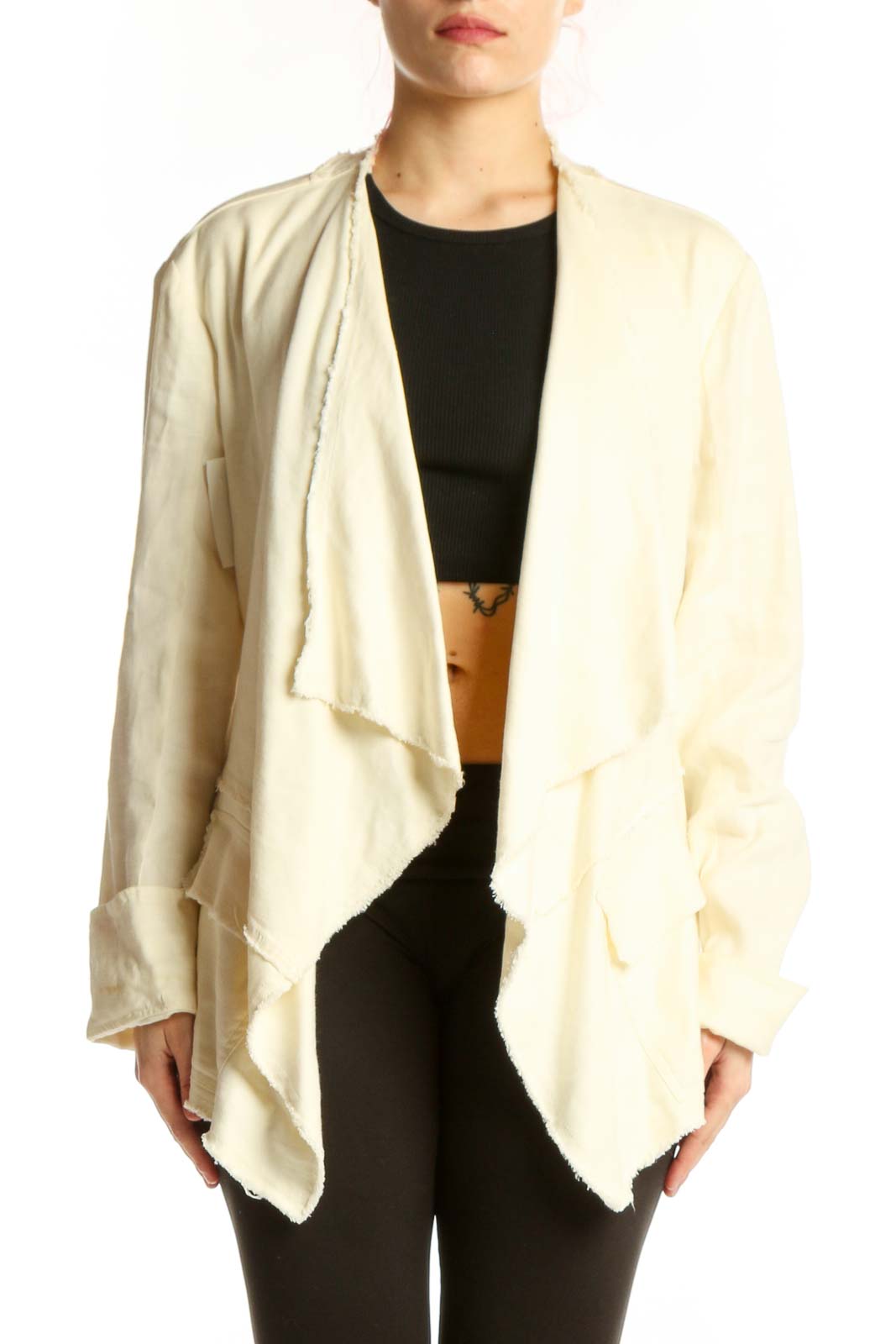 Cream Linen Rayon Draped Cardigan Jacket Front