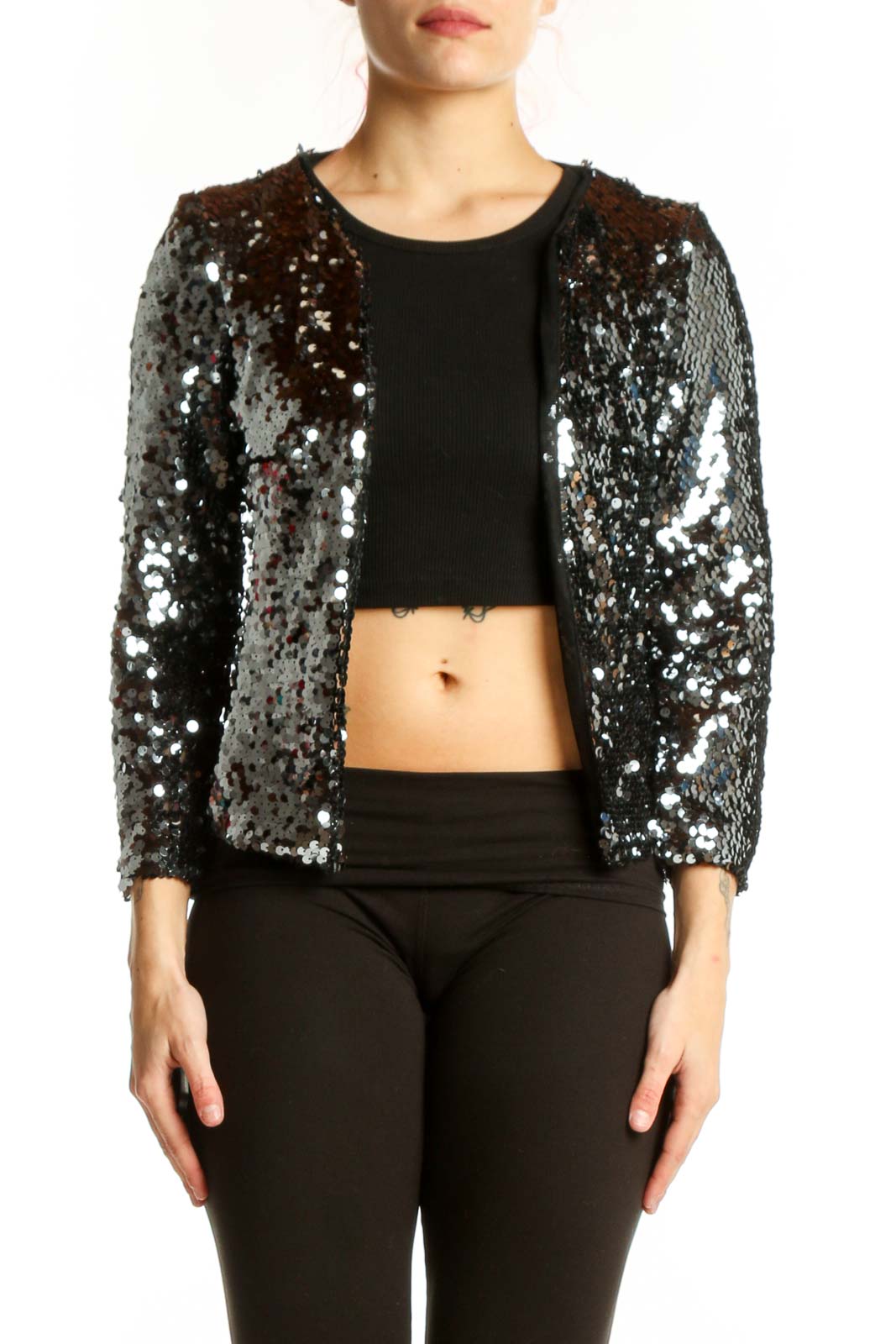 Black Sequin Cropped Jacket Front