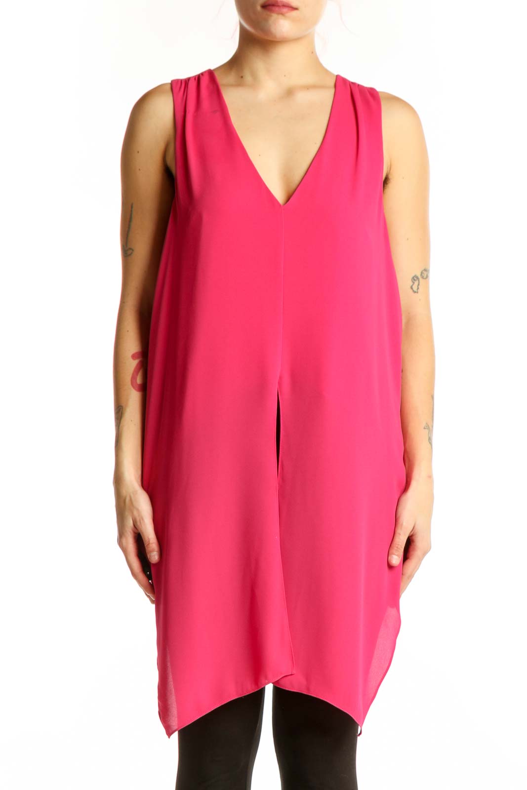 Pink V-Neck Sleeveless Tunic Top Front