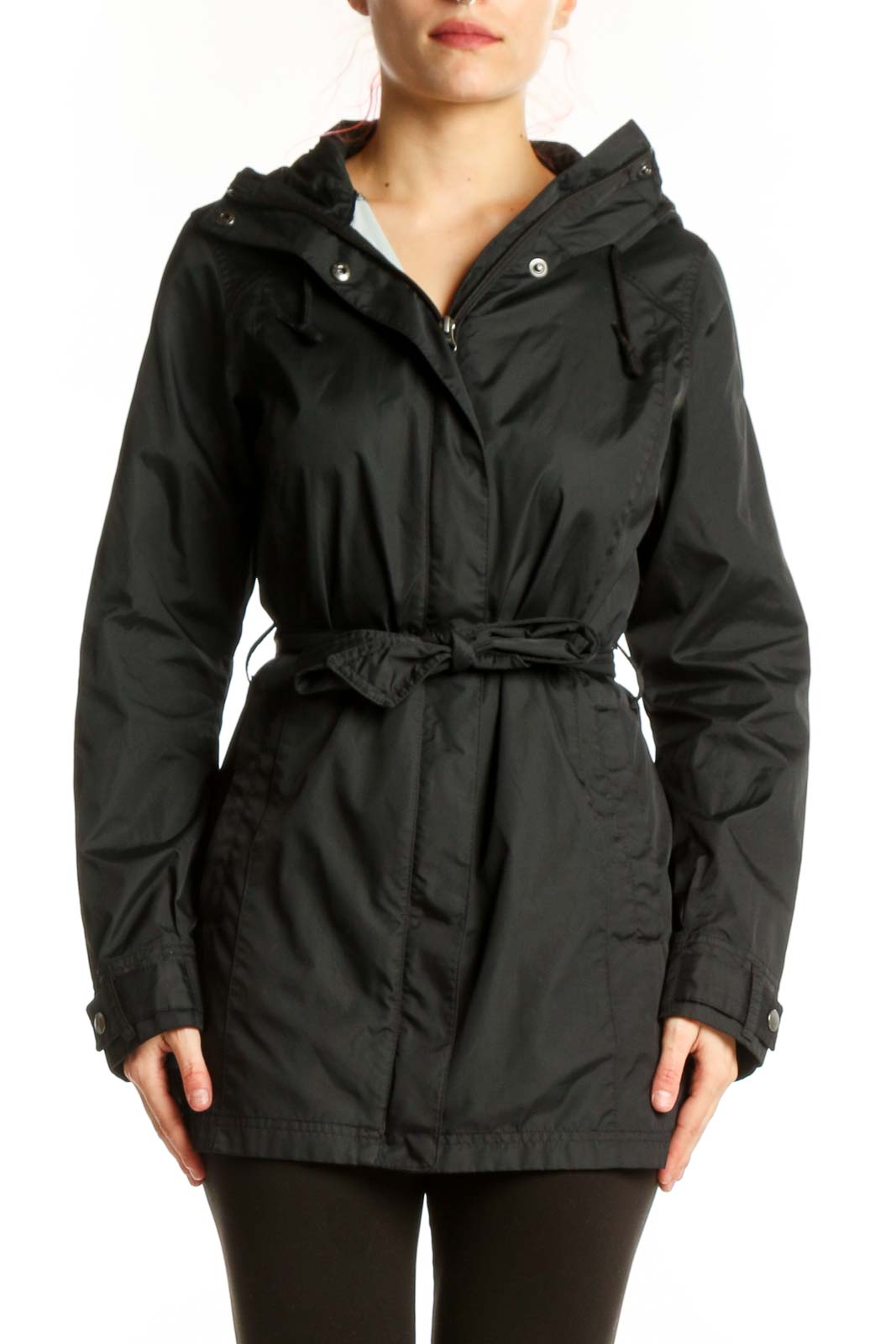 Black Hooded Rain Jacket with Belt Front