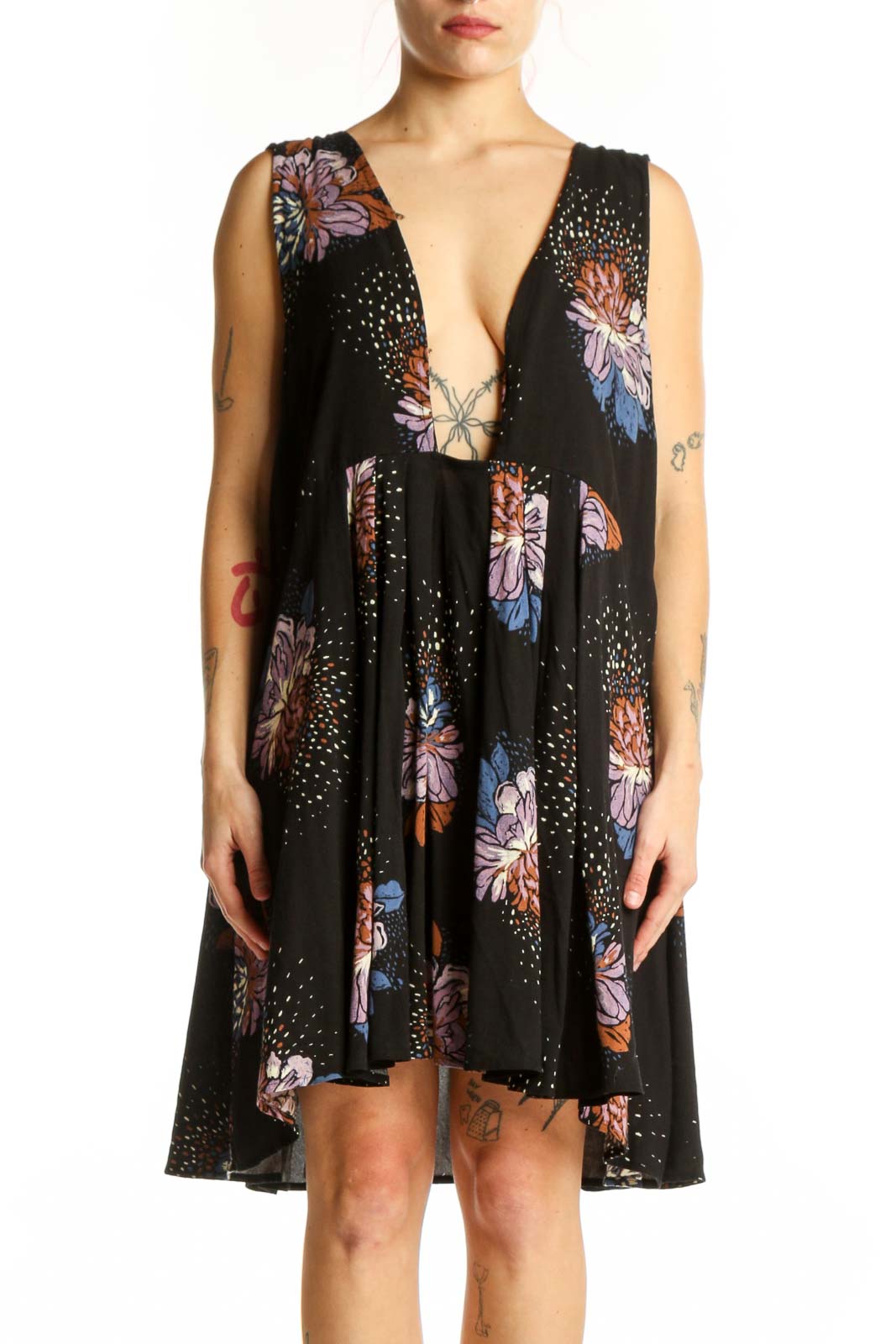 Black Floral Print V-Neck A-Line Dress Front