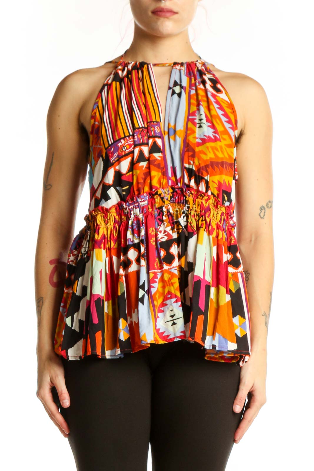 Multicolor Abstract Halter Pleated Top Front