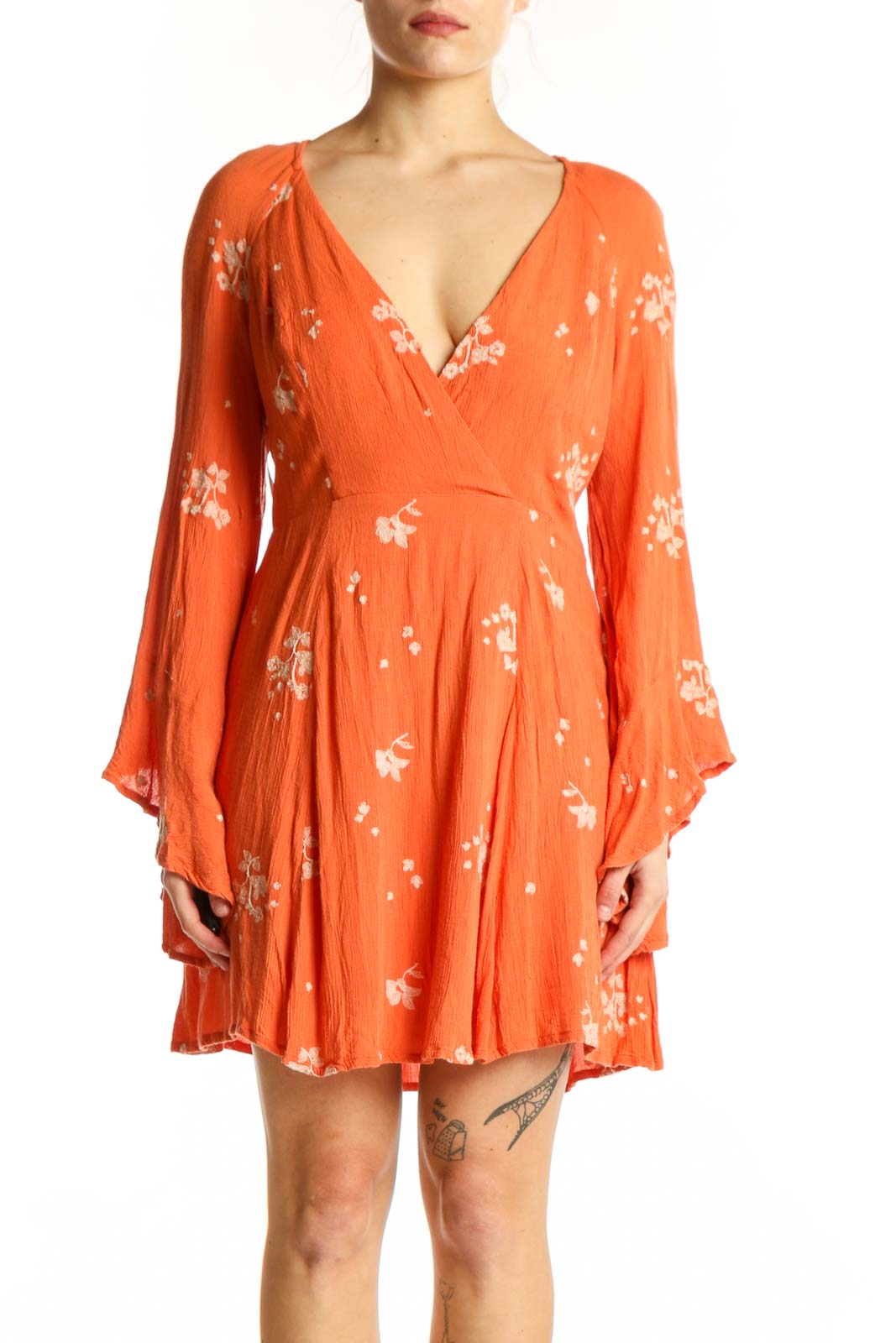 Orange Floral Bell Sleeve Wrap Dress Front