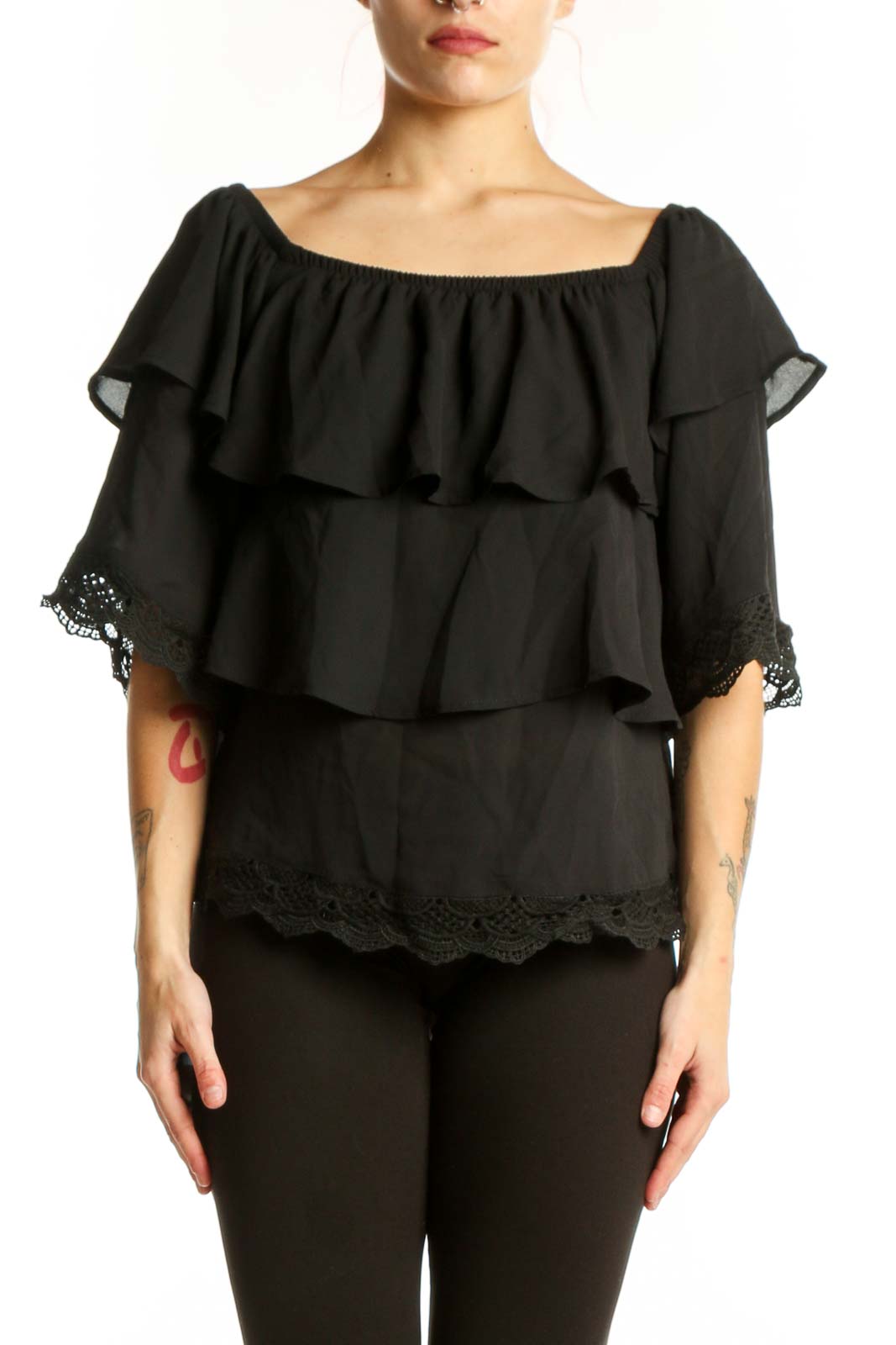 Black Ruffled Off-Shoulder Lace Top Front