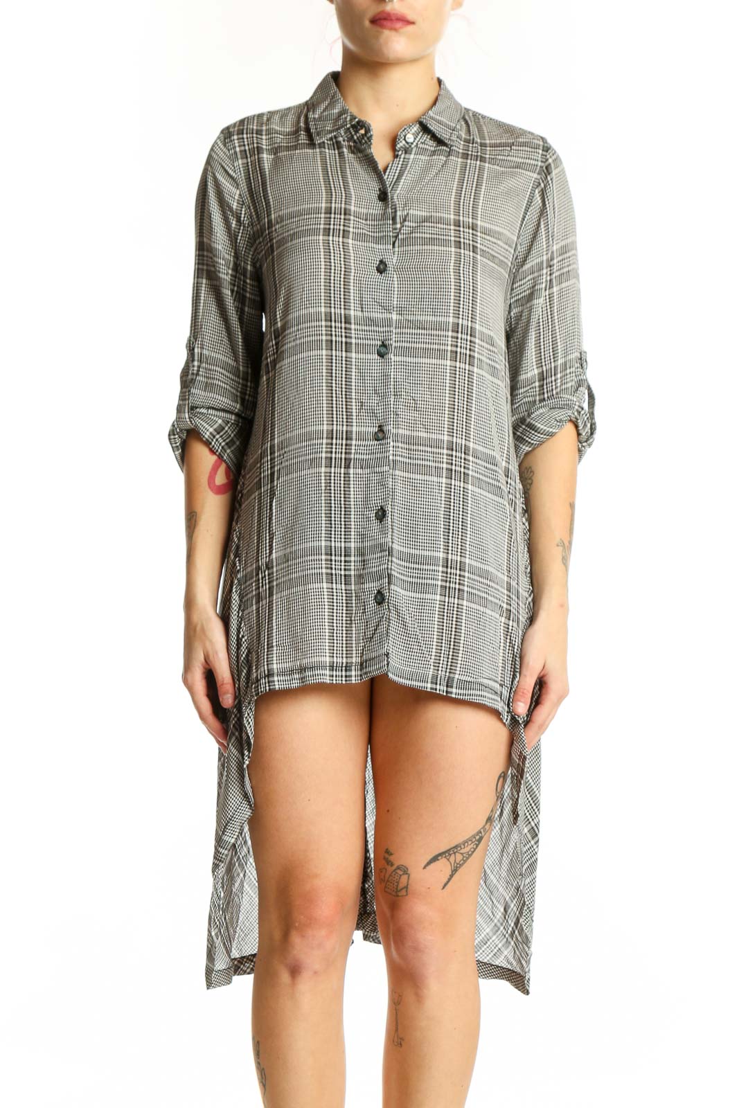 Gray Plaid Button-Up Shirt Dress Front