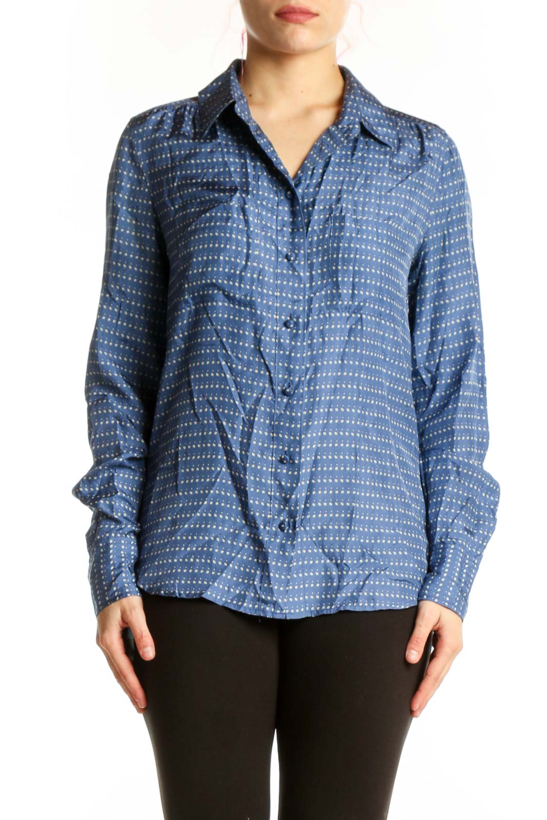 Blue Dotted Silk Button-Up Shirt Front
