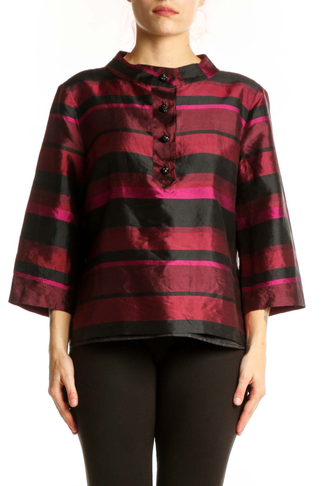 Burgundy Striped Button-Up Blouse Front