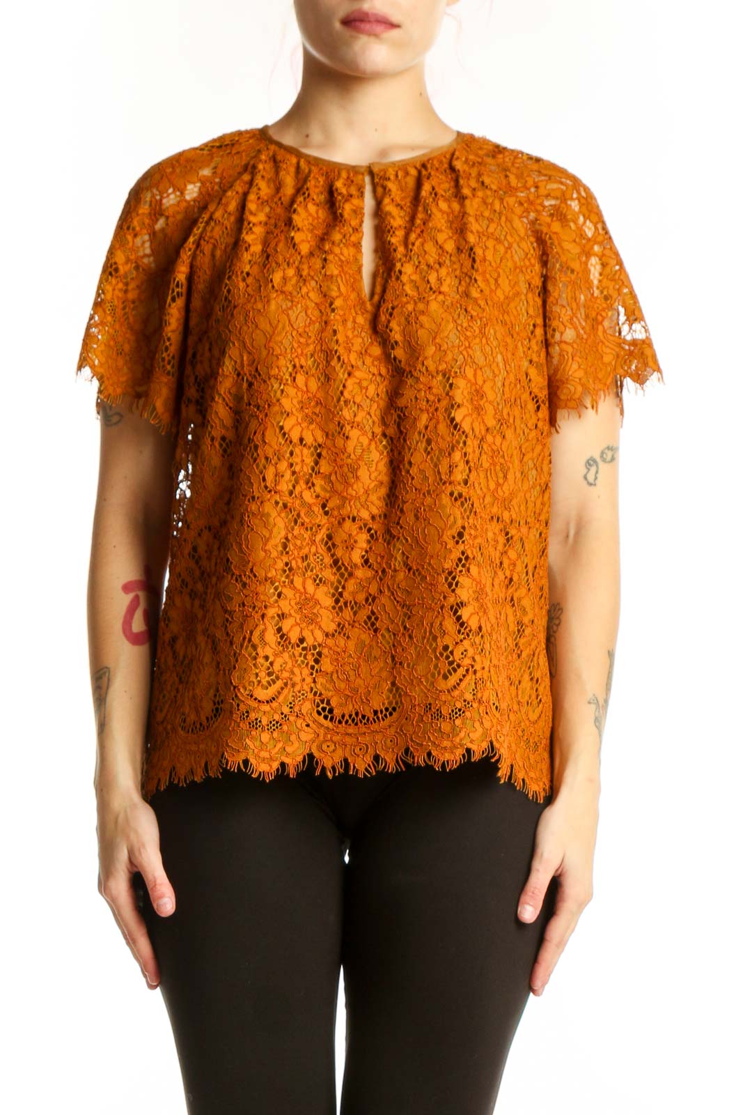 Orange Lace Short Sleeve Top Front