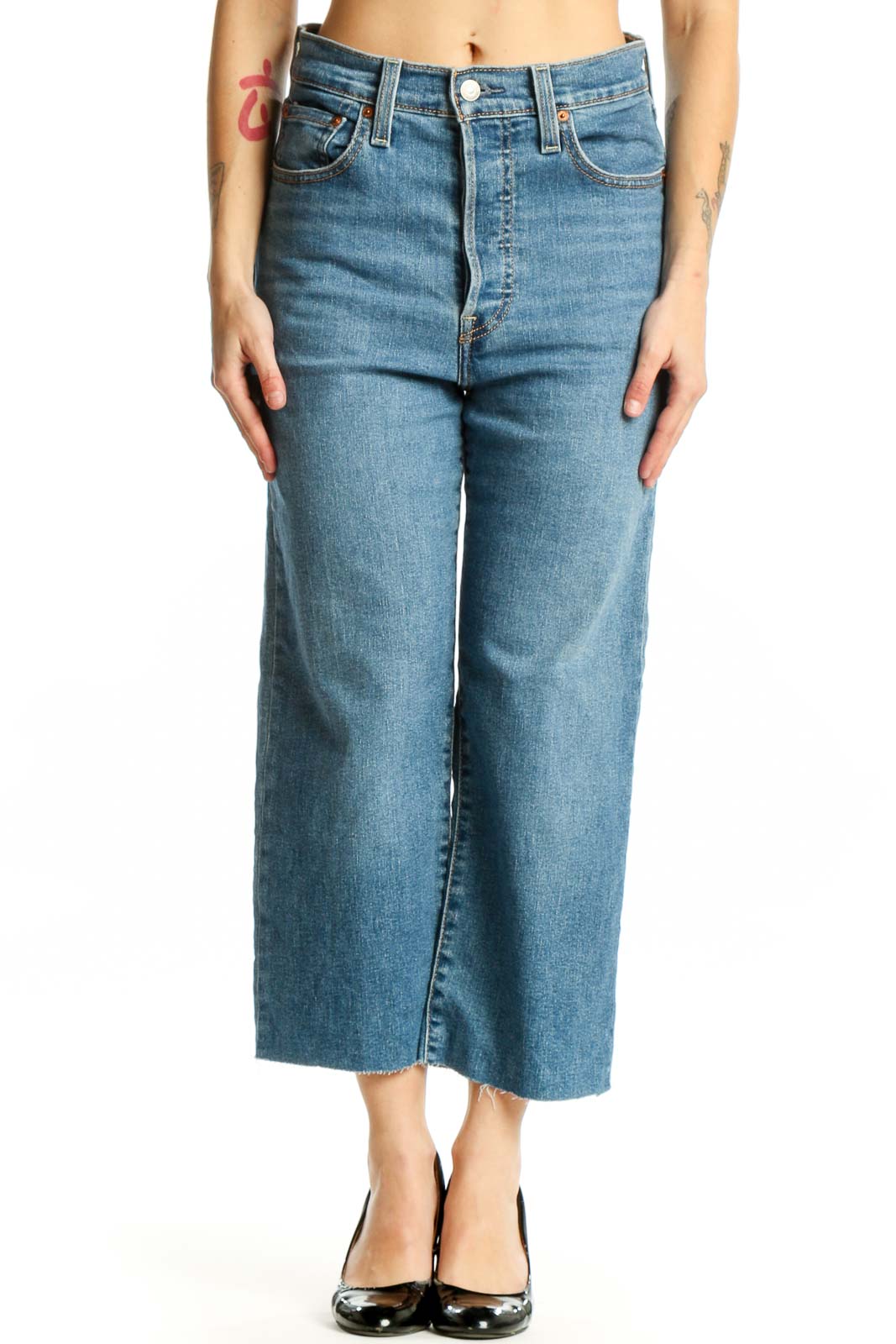 Blue Denim Cropped Wide Leg Jeans Front