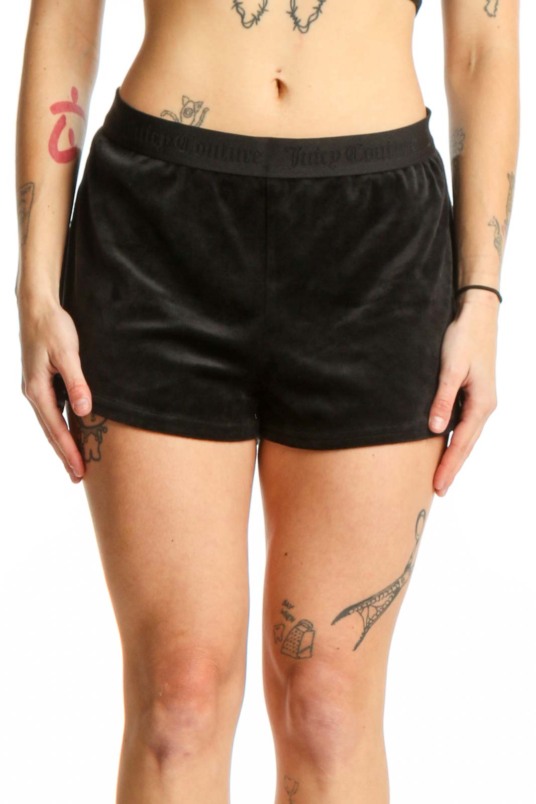 Black Velvet Shorts with Elastic Waistband Front