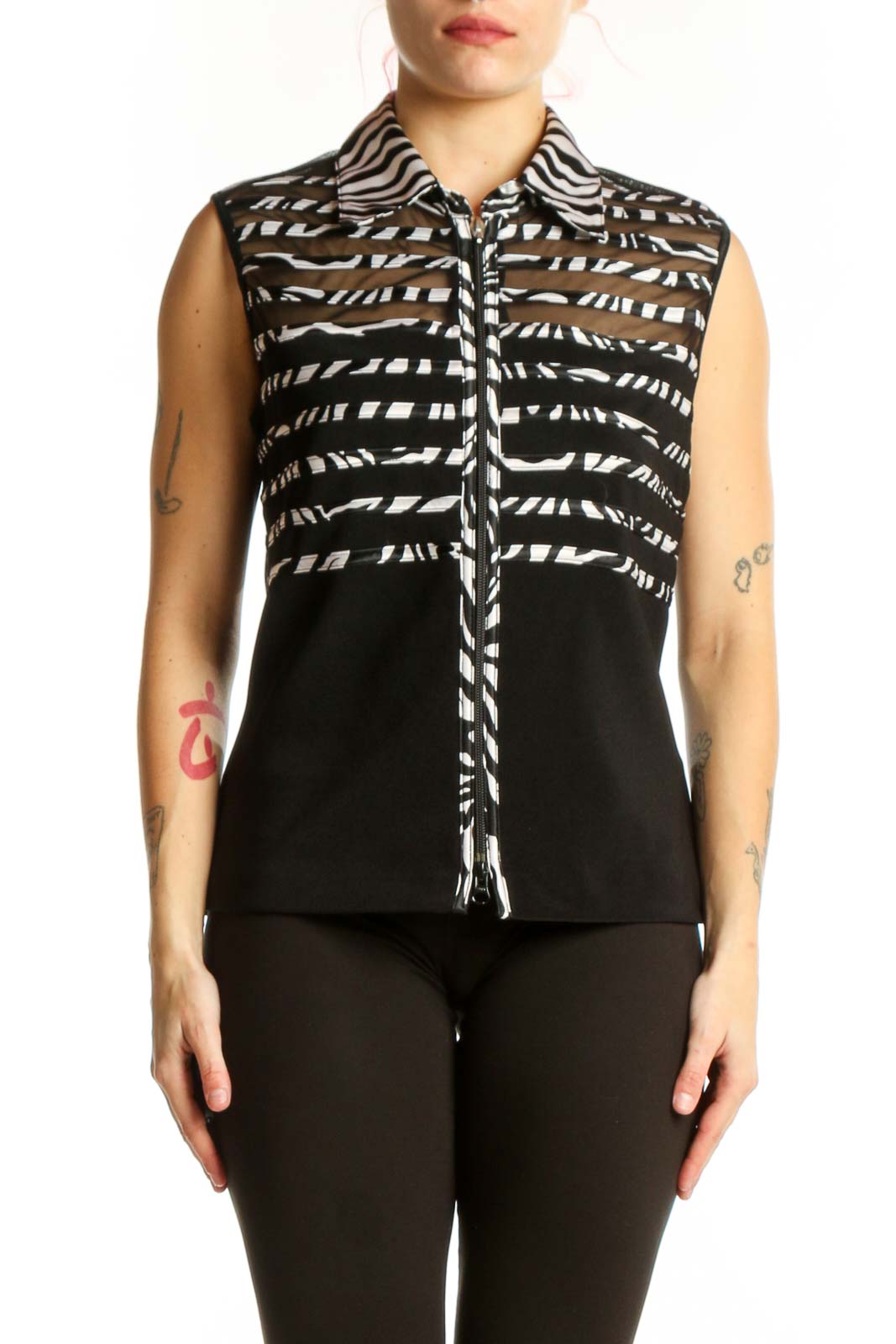 Black Zebra Stripe Sleeveless Button-Up Top Front