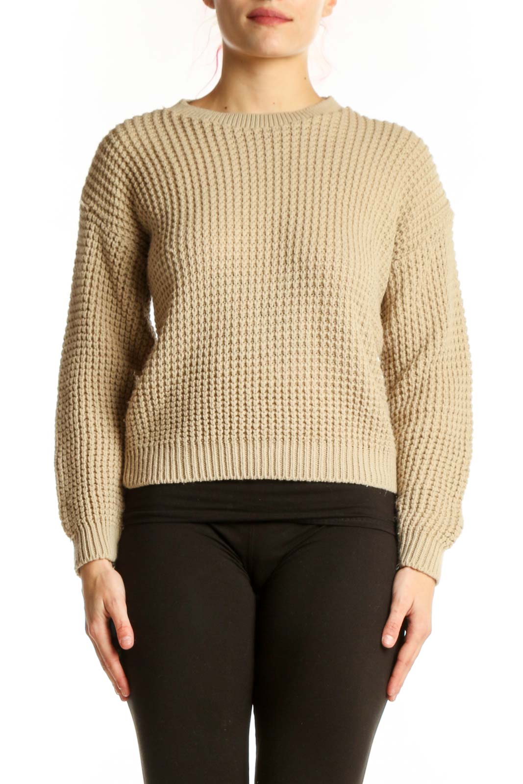 Cream Ribbed Knit Pullover Sweater Front