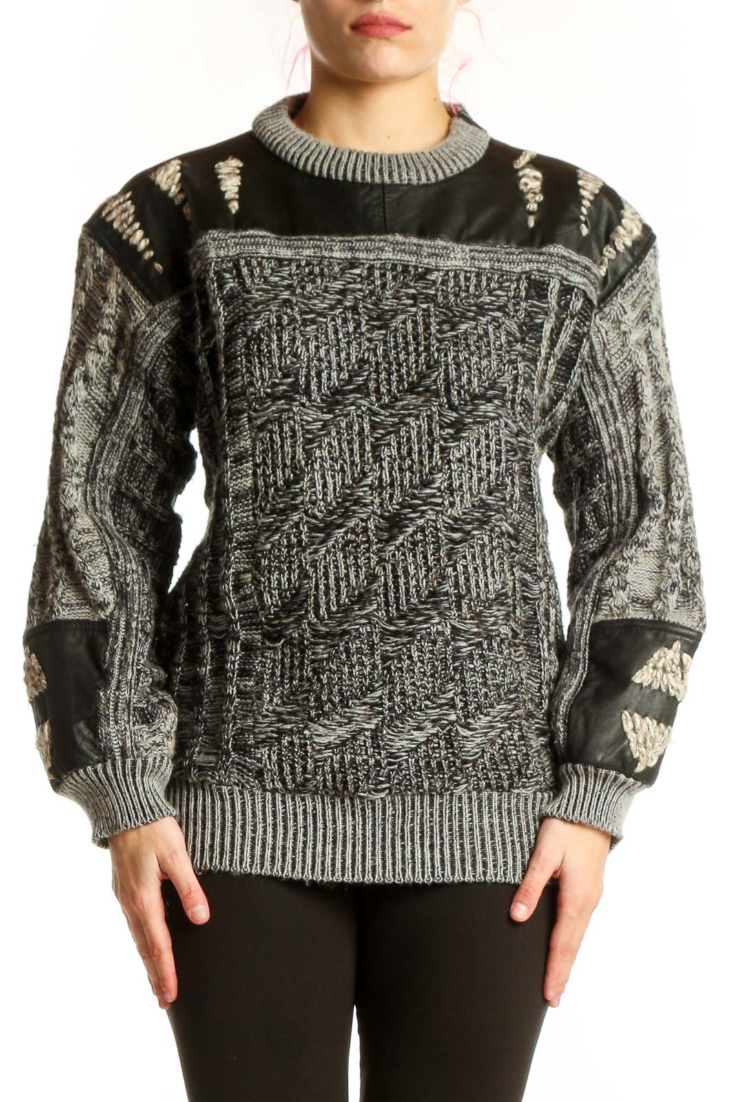 Black Geometric Knit Sweater with Leather Accents Front