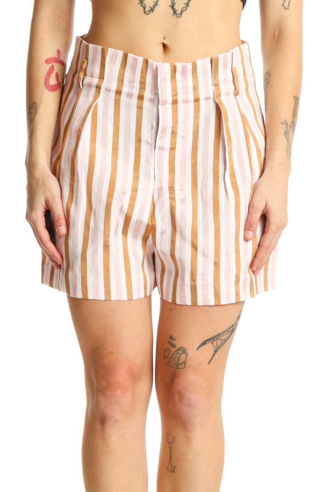 Cream Striped Pleated Shorts Front