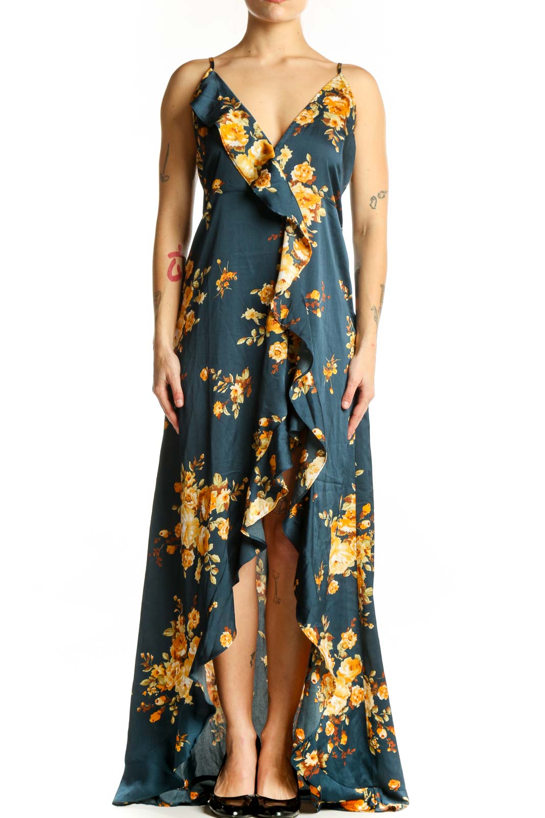 Navy Floral Wrap Maxi Dress Front