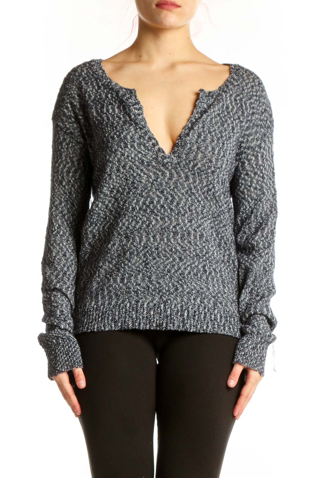 Gray V-Neck Knit Sweater Front