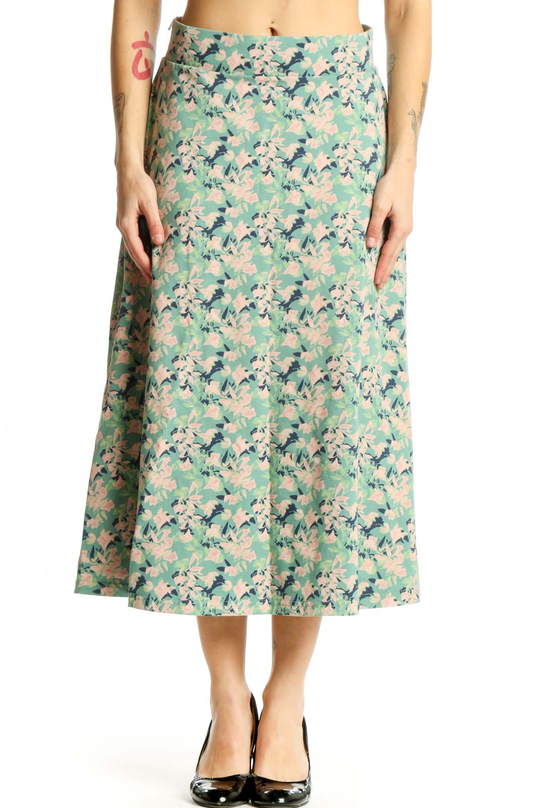 Mint Floral A-Line Midi Skirt Front