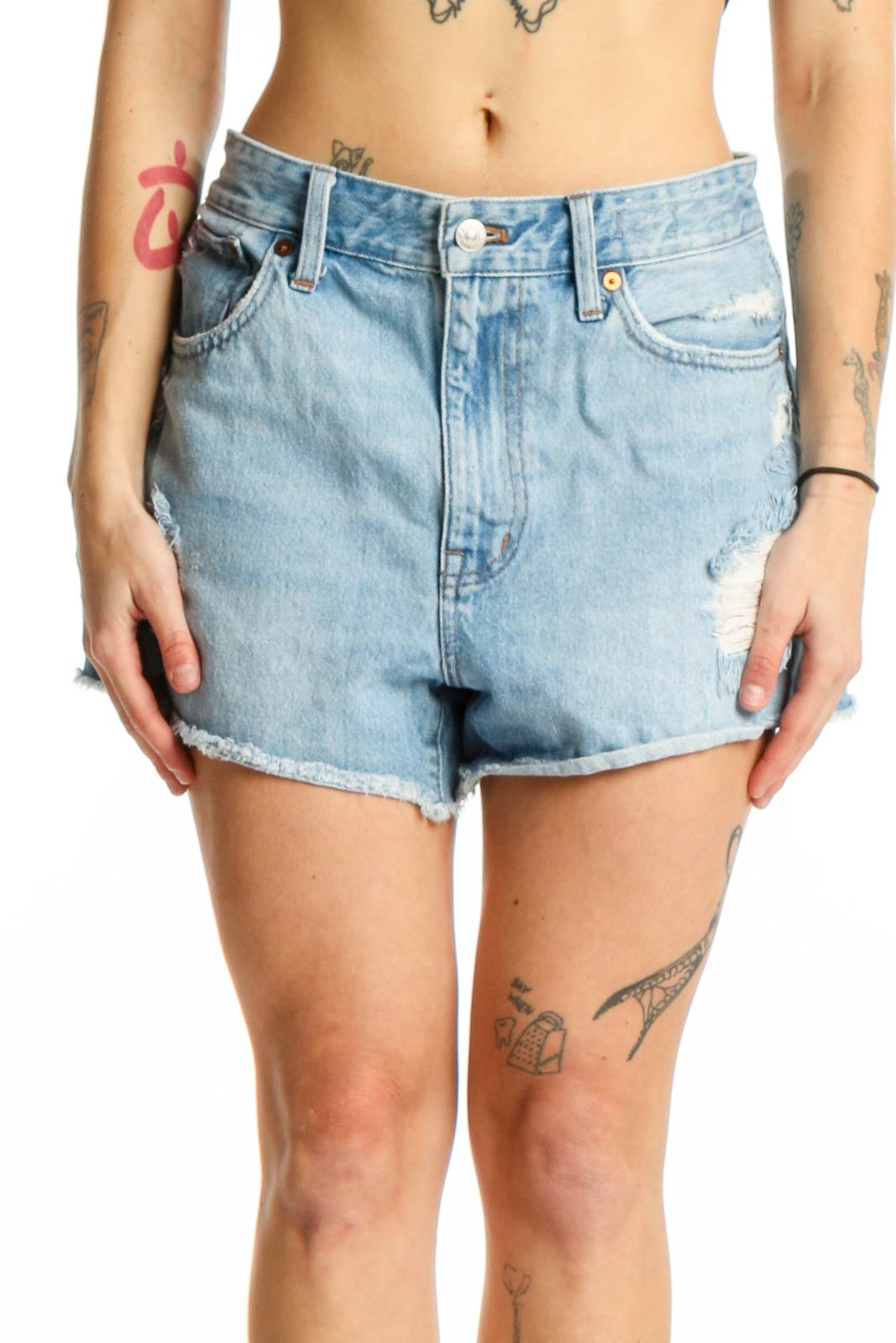 Light Blue Distressed Denim Shorts Front