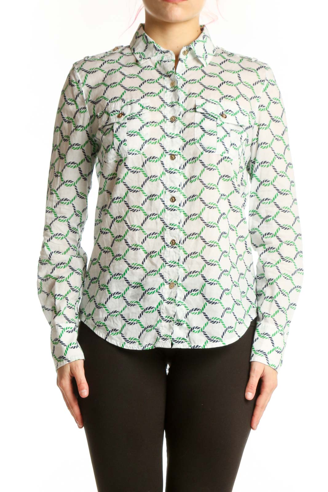 Cream Geometric Print Cotton Button-Up Shirt Front