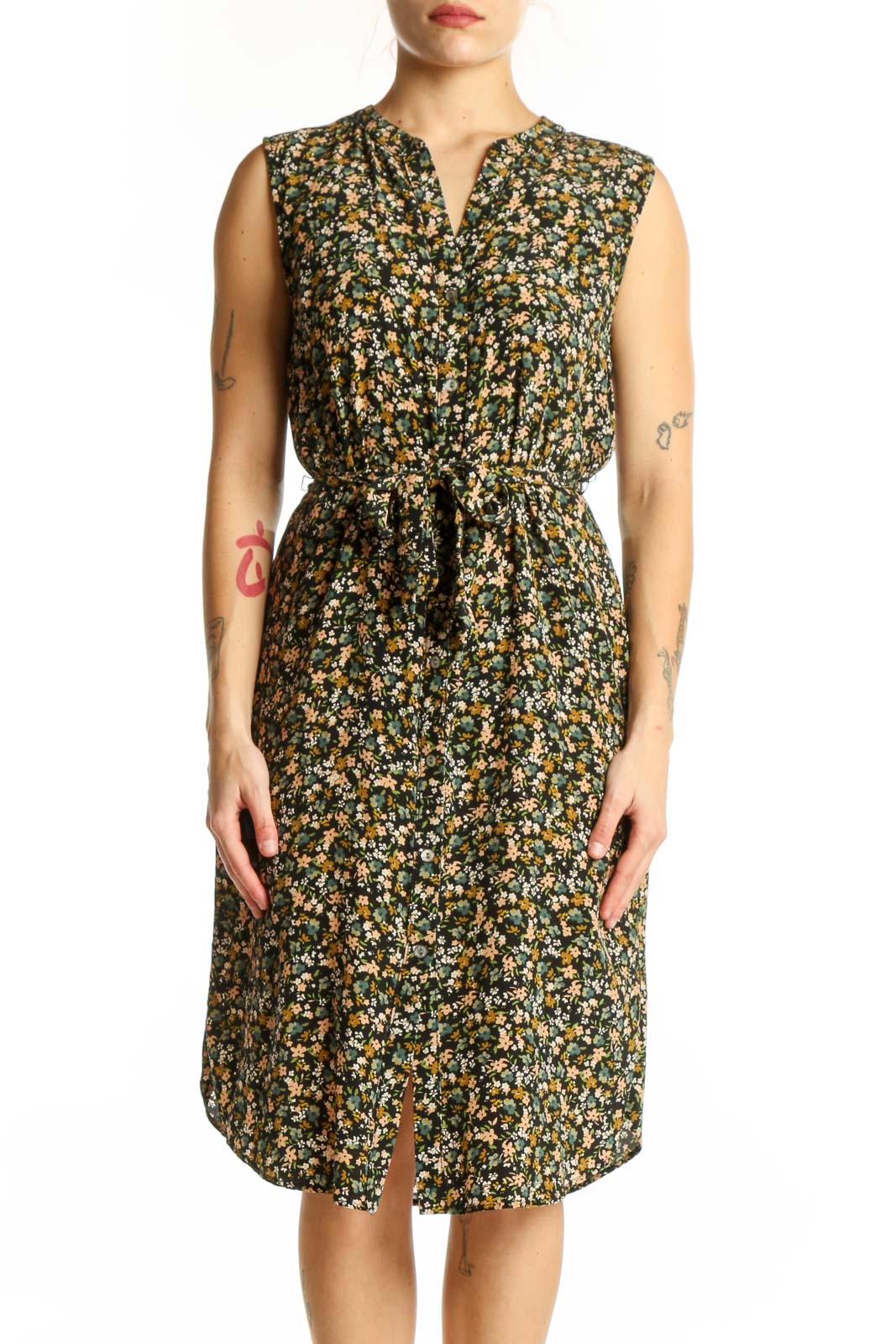 Black Floral Print Sleeveless Shirt Dress Front