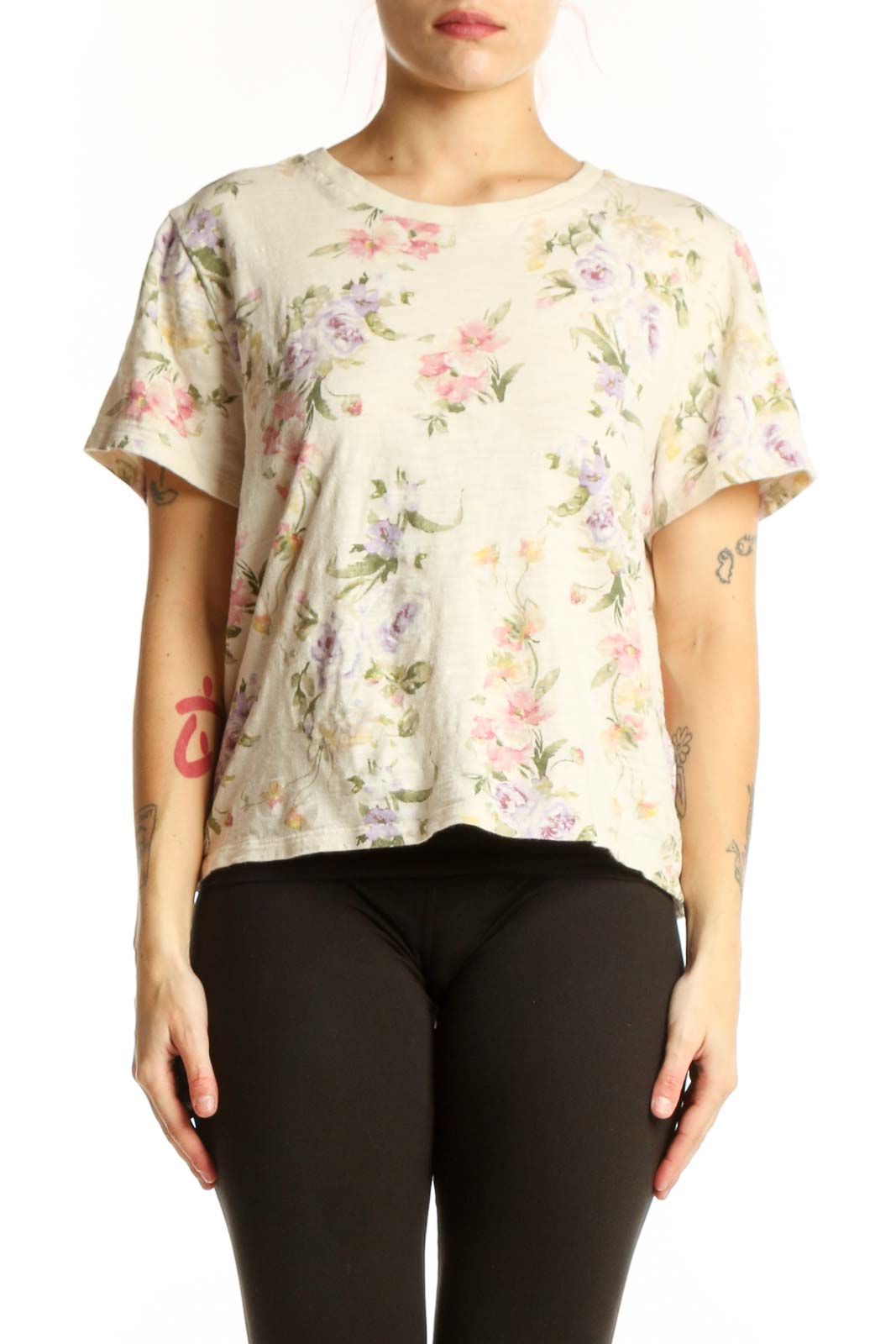 Cream Floral Short Sleeve Cotton Top Front